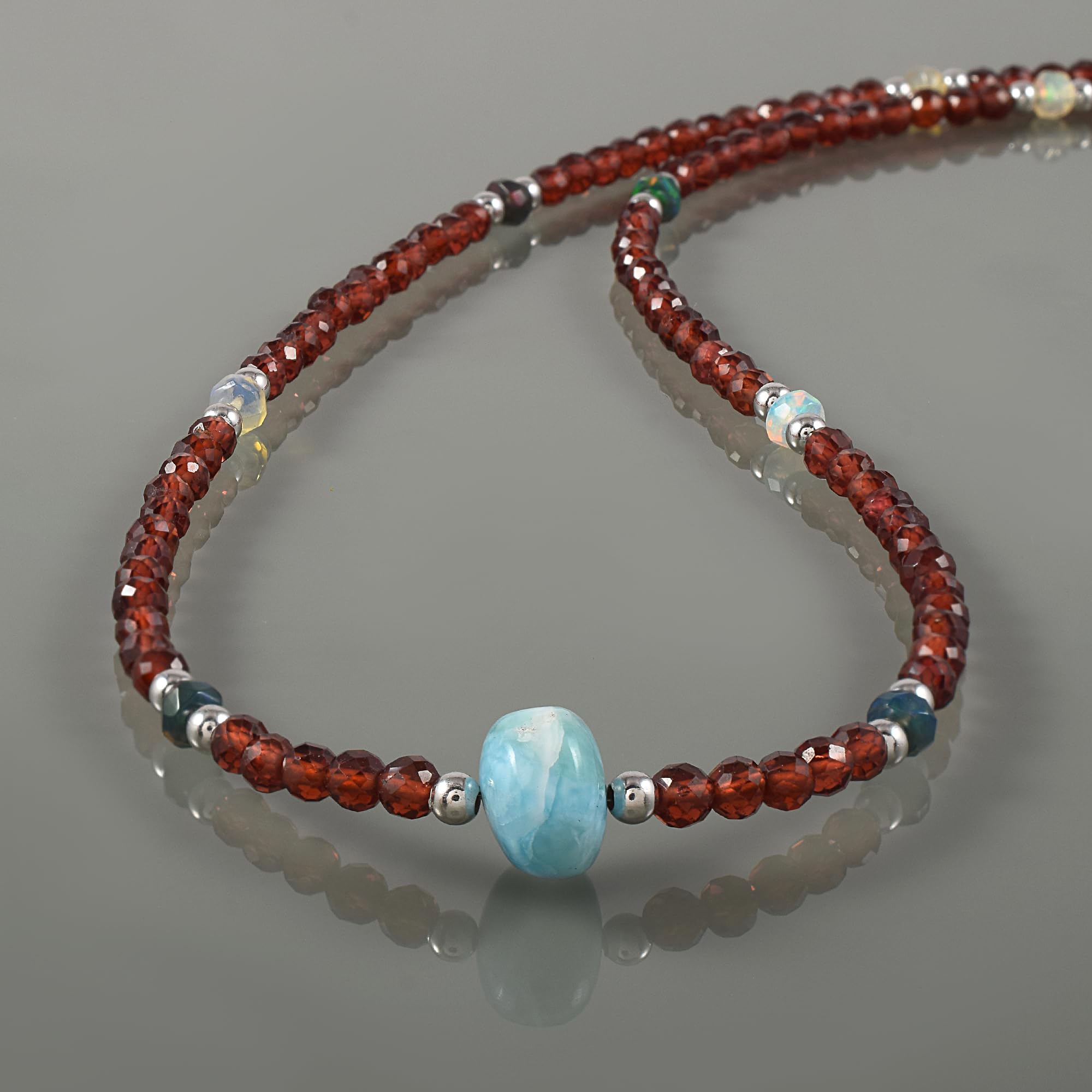 Collar de plata de ley 925 con granate natural y larimar, joyería minimalista de cristal curativo, cuentas facetadas redondas, hebra de 18 pulgadas, regalo único de piedras preciosas,