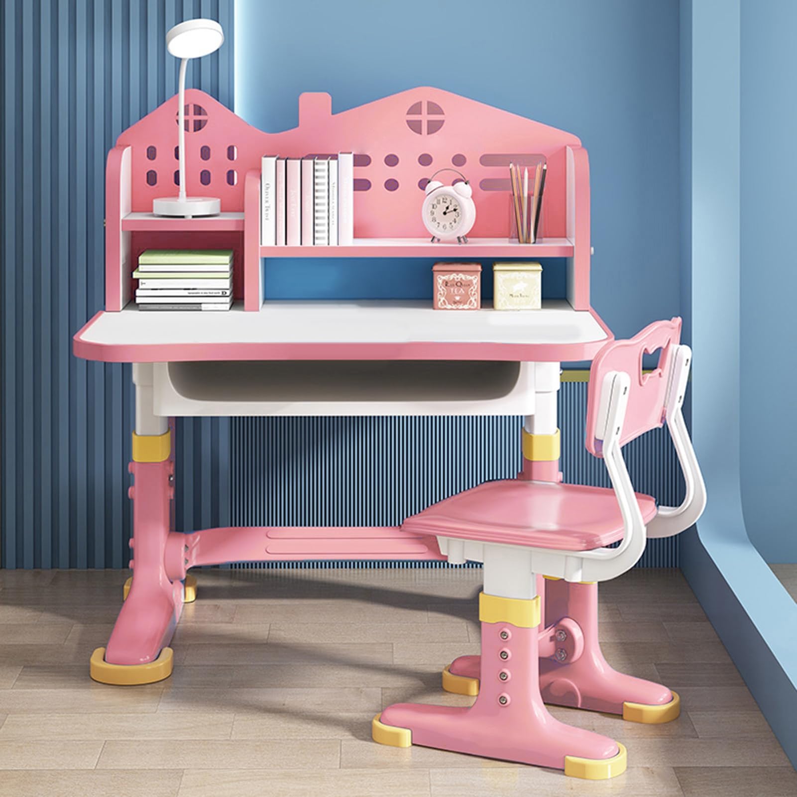 Juego de escritorio y silla para niños, silla de escritorio para niños, escritorios infantiles de altura ajustable con tablero de castillo, escritorio ampliado, soporte para libros y cajón de