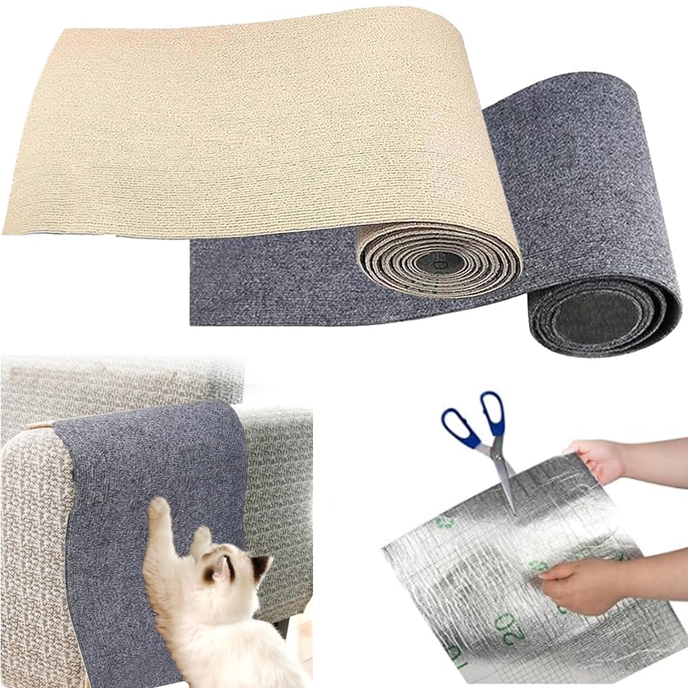 2PCS Self-Adhesive Cat Scratching Mat, 40x200cm Anti Scratch Furniture Protector, Furniture Scratch Guard for Sofa Couch Corners, Cat Scratch Training Tape Protection for Doors Furniture (Grey+Khaki)