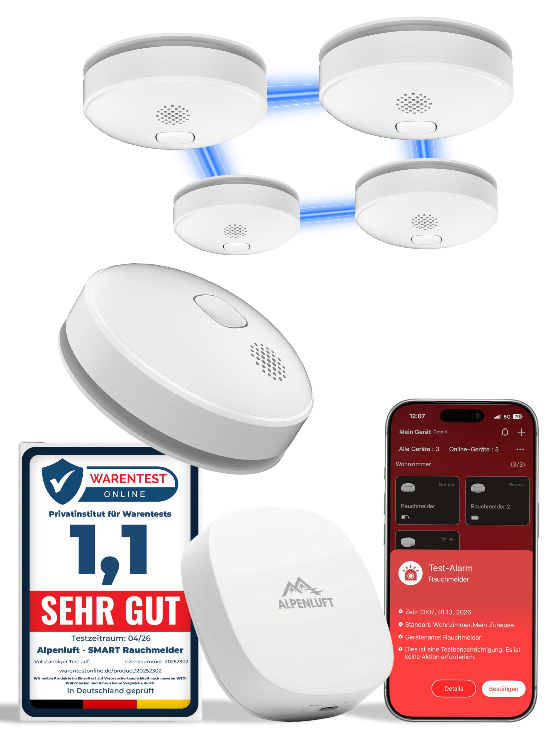 ALPENLUFT Detector de humo con Smart App 10 años de batería, ganador de pruebas, detector de incendios inalámbrico y red WiFi, detector de humo, detector de humo inalámbrico, conectable sin agujeros