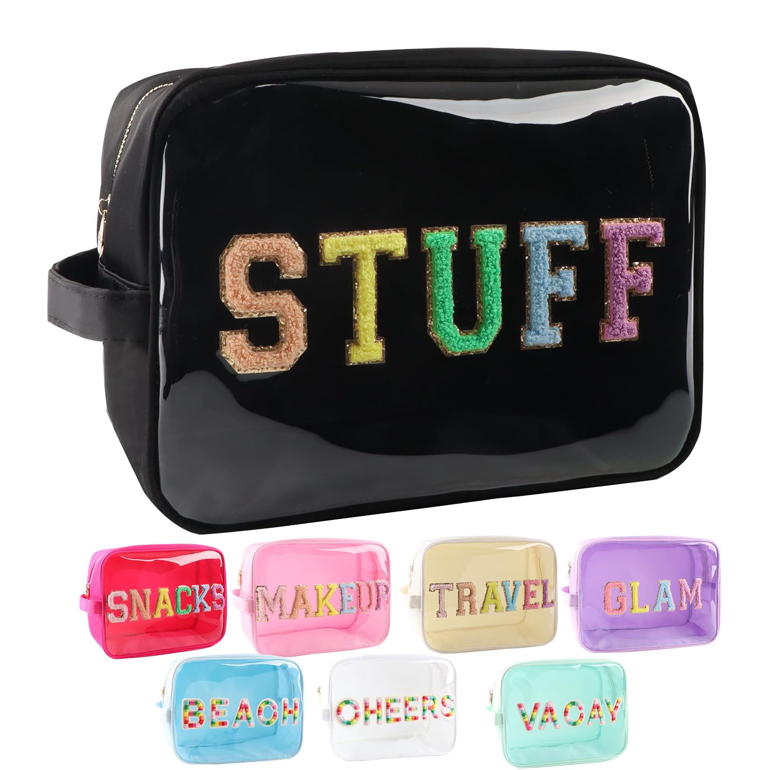 Bricte Clear Extra Large Glitter Patches STUFF Bag Preppy Transparent TPU and Nylon Makeup Bag Women (X-Large, Black-Stuff), Black-Stuff, X-Large, X-large