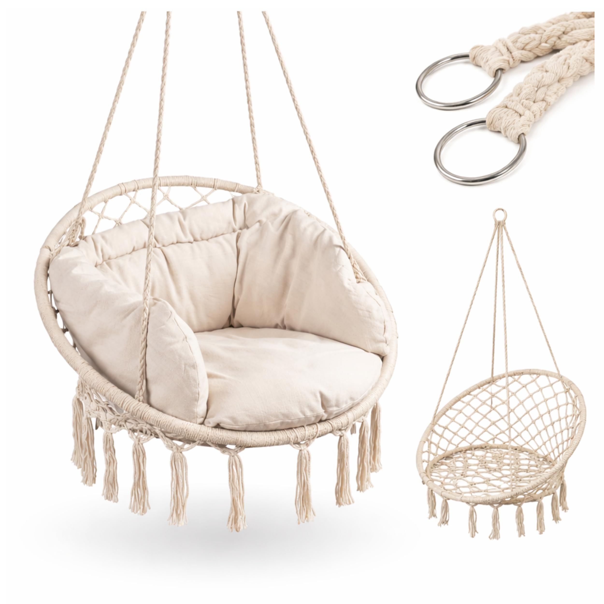 Deccart Makramee Hängesessel mit Kissen - Runder Hängestuhl aus Baumwolle - Boho Hängesitz Beige - stabile Metallringe, hängender Sessel für Wohnzimmer, Balkon, Garten, Kinderzimmer