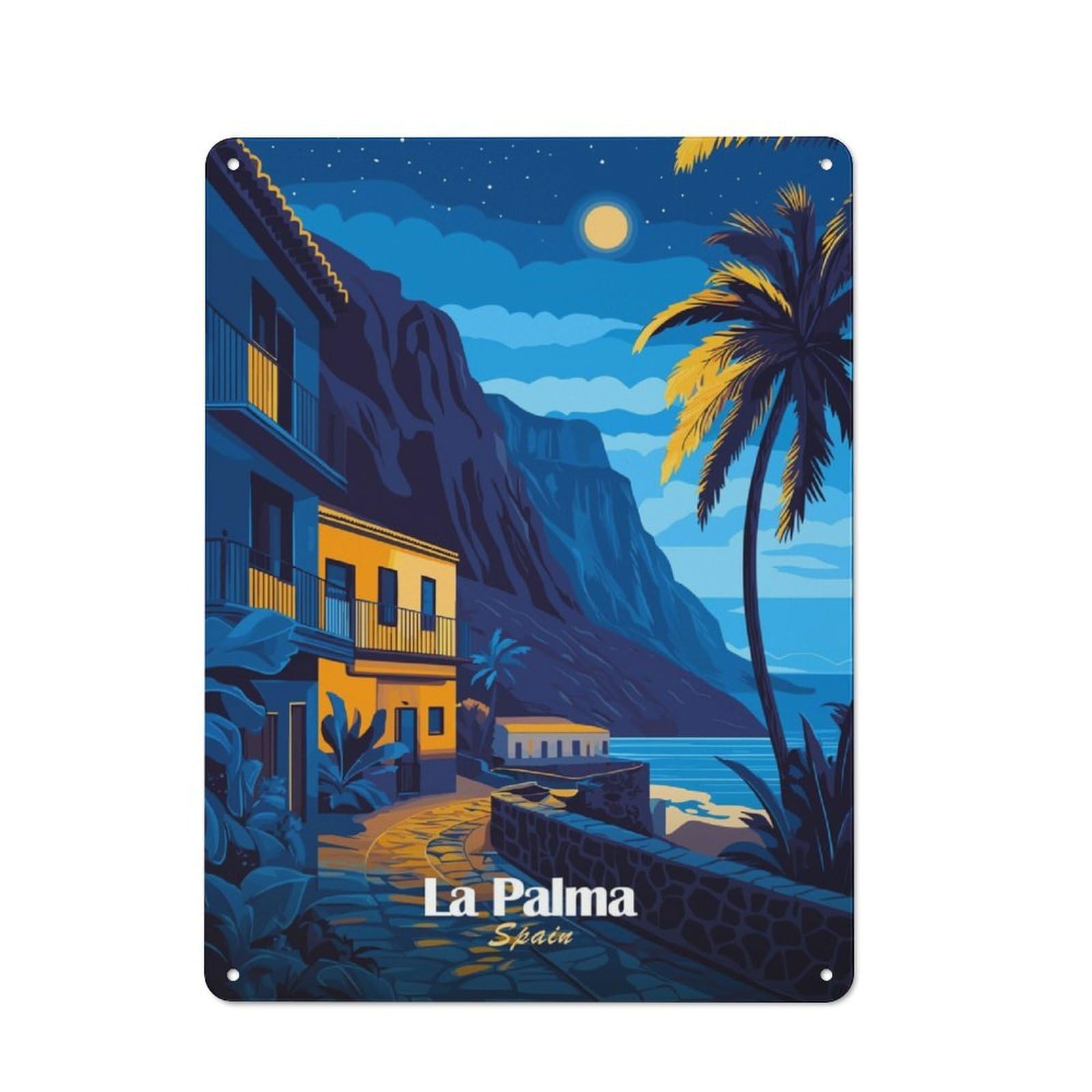 Junmoney La Palma Night Scene Tin Wall Plaque 40X30cm With For Hobby Room Or Studio, For Updating Hobby Room And Studio After Moving