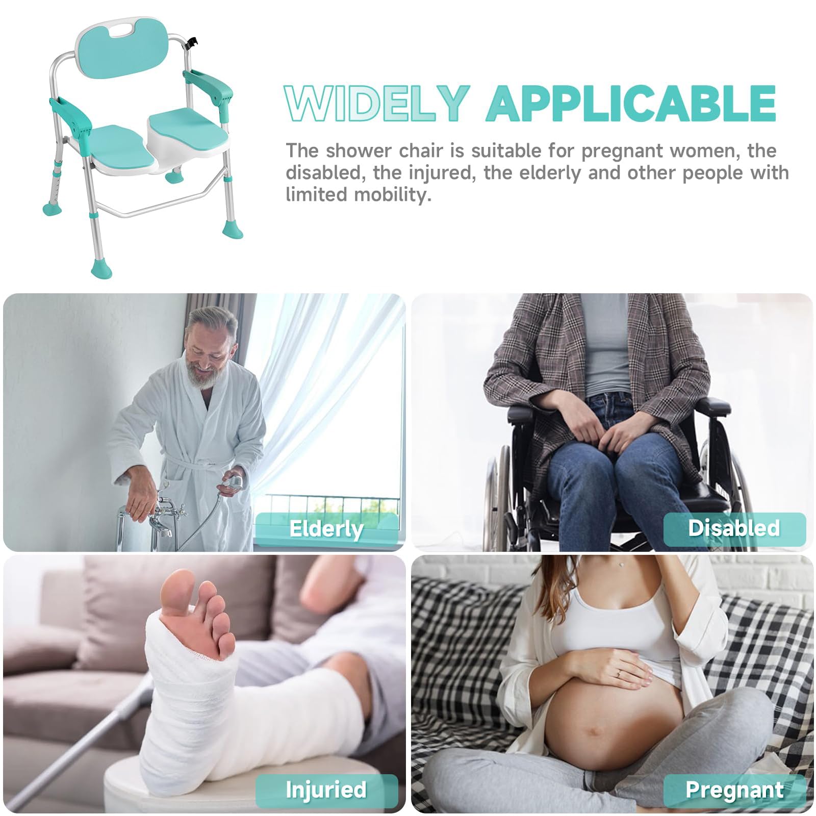 Silla de ducha plegable con apoyabrazos, respaldo y almohadillas antideslizantes, altura ajustable, soporta hasta 180 kg, taburete de ducha para personas mayores
