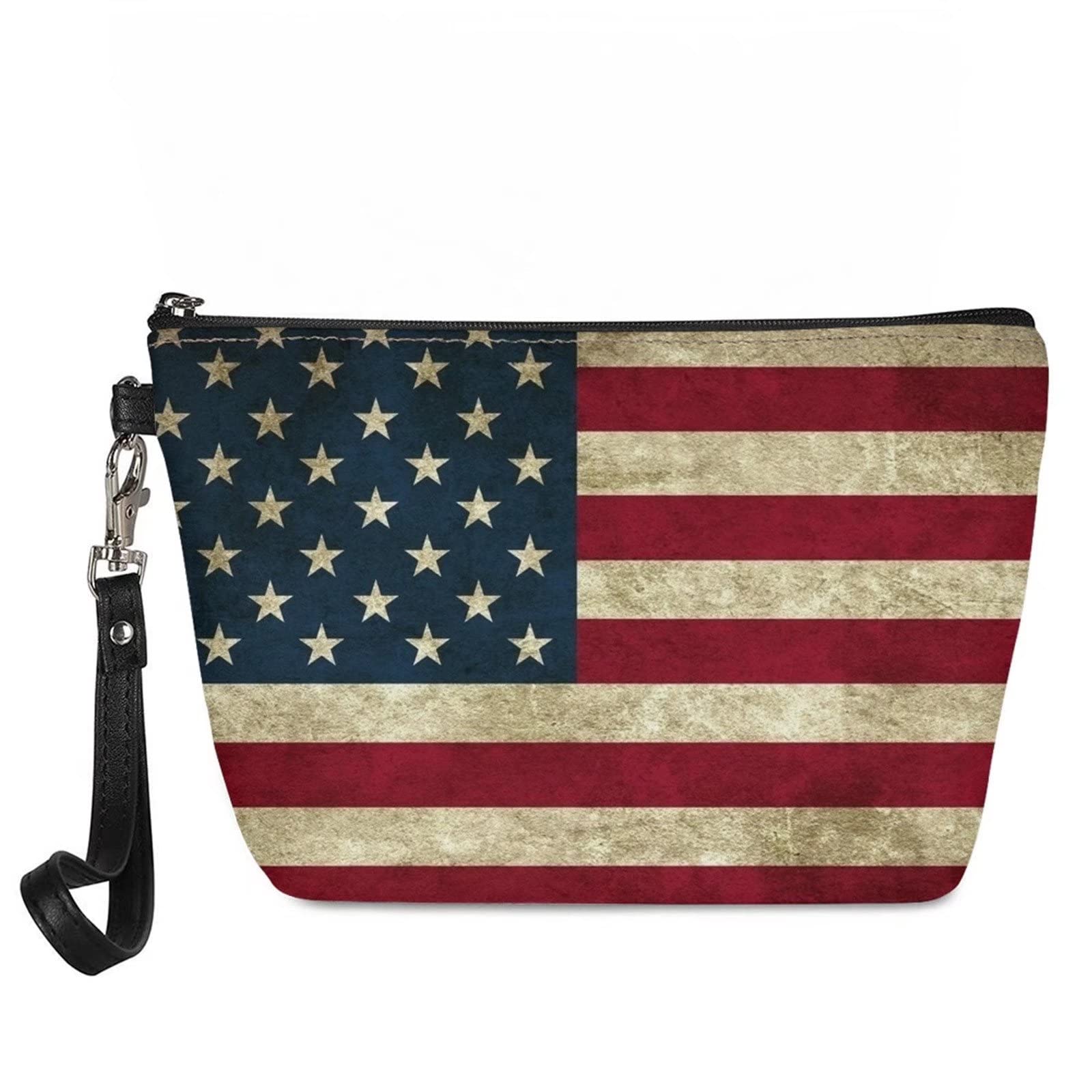 AFPANQZ American Flag Cosmetic Bag for Women Girls Makeup Organizer Pouch Zipper Closure Bag Handbag Purse Leather Mini Handbag
