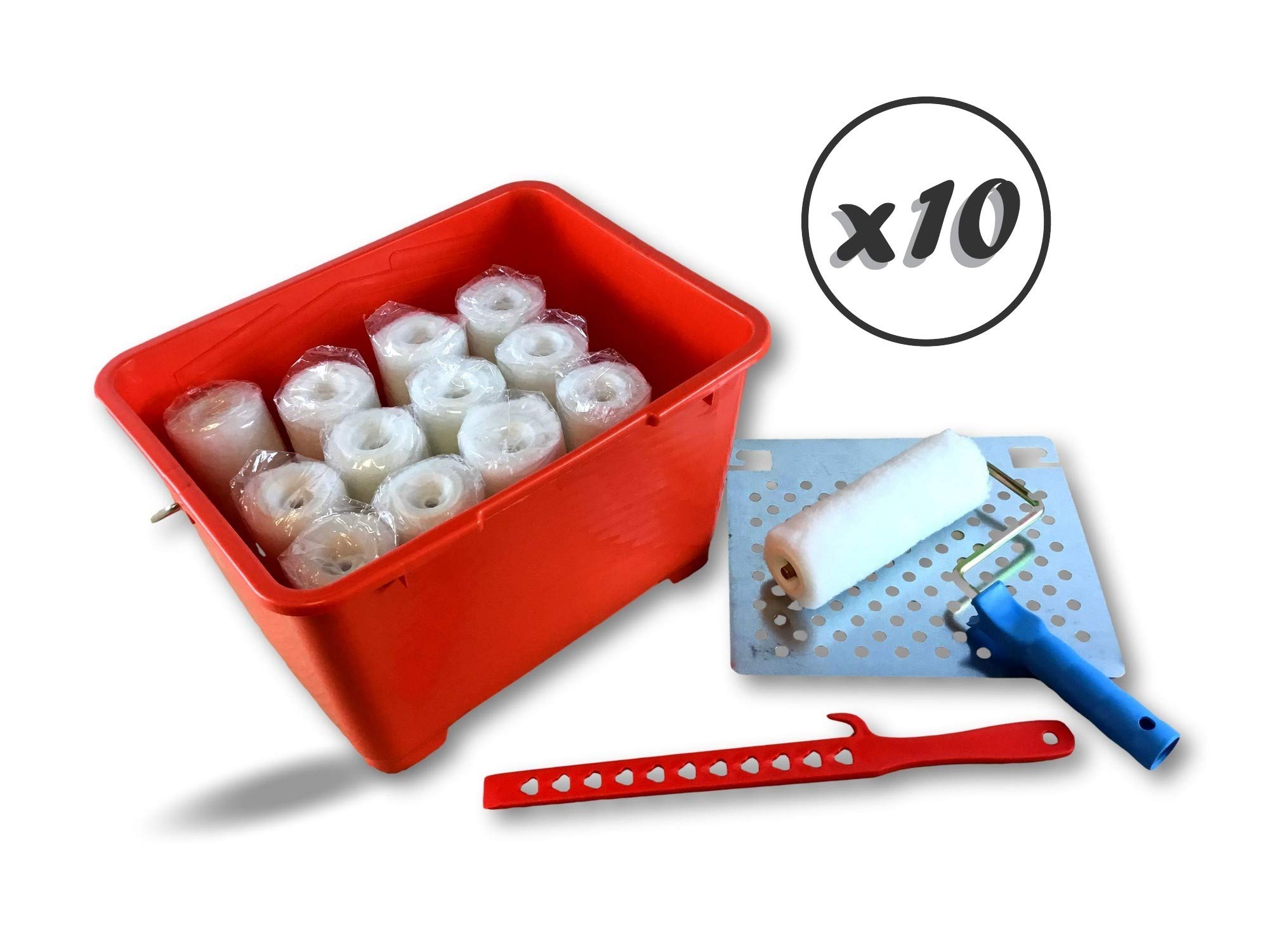 Kompletny zestaw do malowania | Zestaw 10 | 13 rolek poliestrowych z krótkim włosiem | Ø otworu 8 mm | Krótka rama | wiadro 14 L | Mikser wiszący | Siatka stalowa ocynkowana | Kibros SO1412Bx10