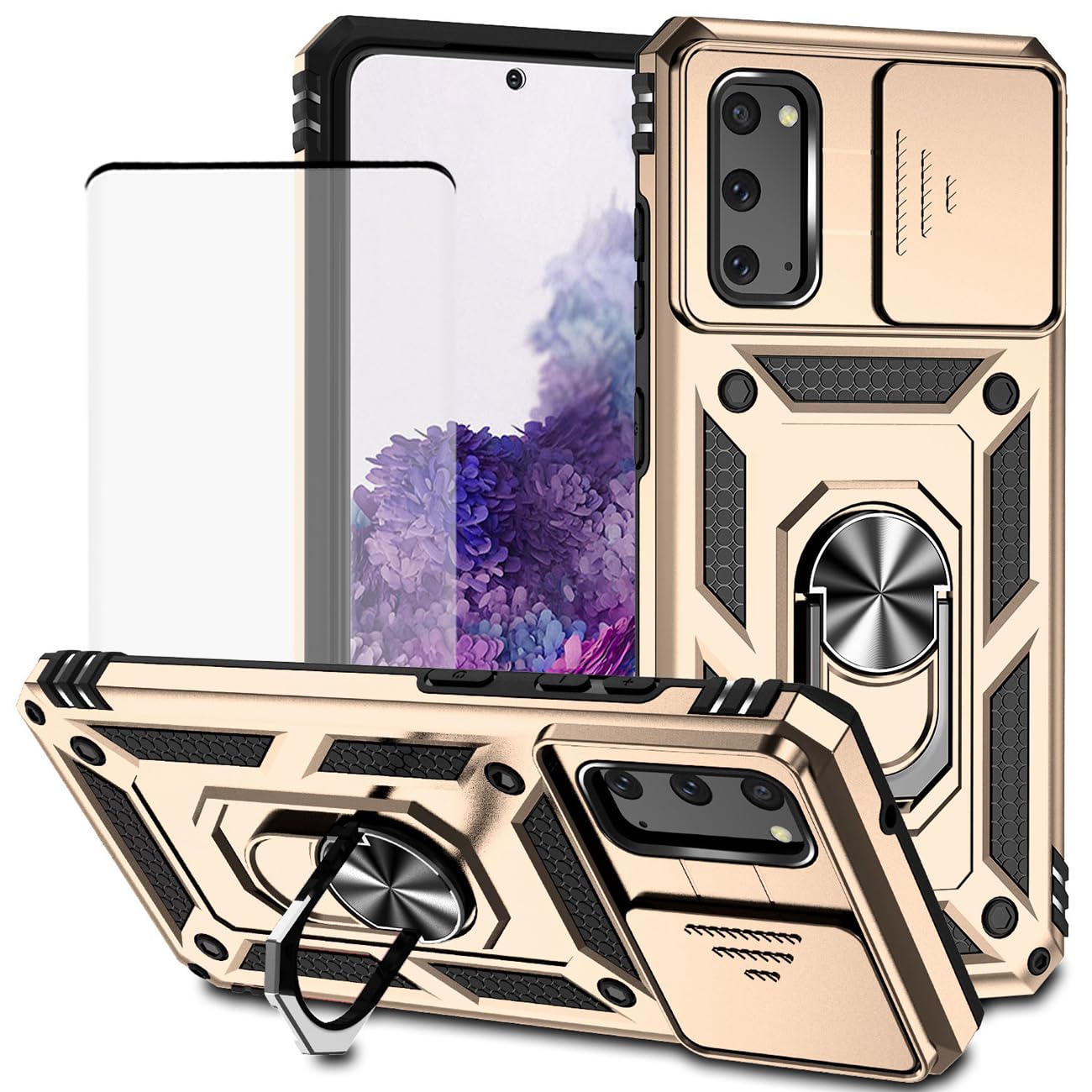 Yodueiv for Galaxy S20 5G Case, Samsung S20 SM-G981U Case with Tempered Glass Screen Protector and Slide Camera Cover, Magnetic Ring Car Mount Holder