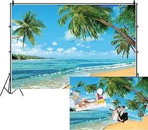 DASHAN 10x8ft Tropical Beach Backdrop Ocean Hawaiian Luau Party Summer Sea Sailor Beach Birthday Sandy Beach Palm Tree Photography Background Wedding Bridal Shower Holiday Party YouTube Photo Props