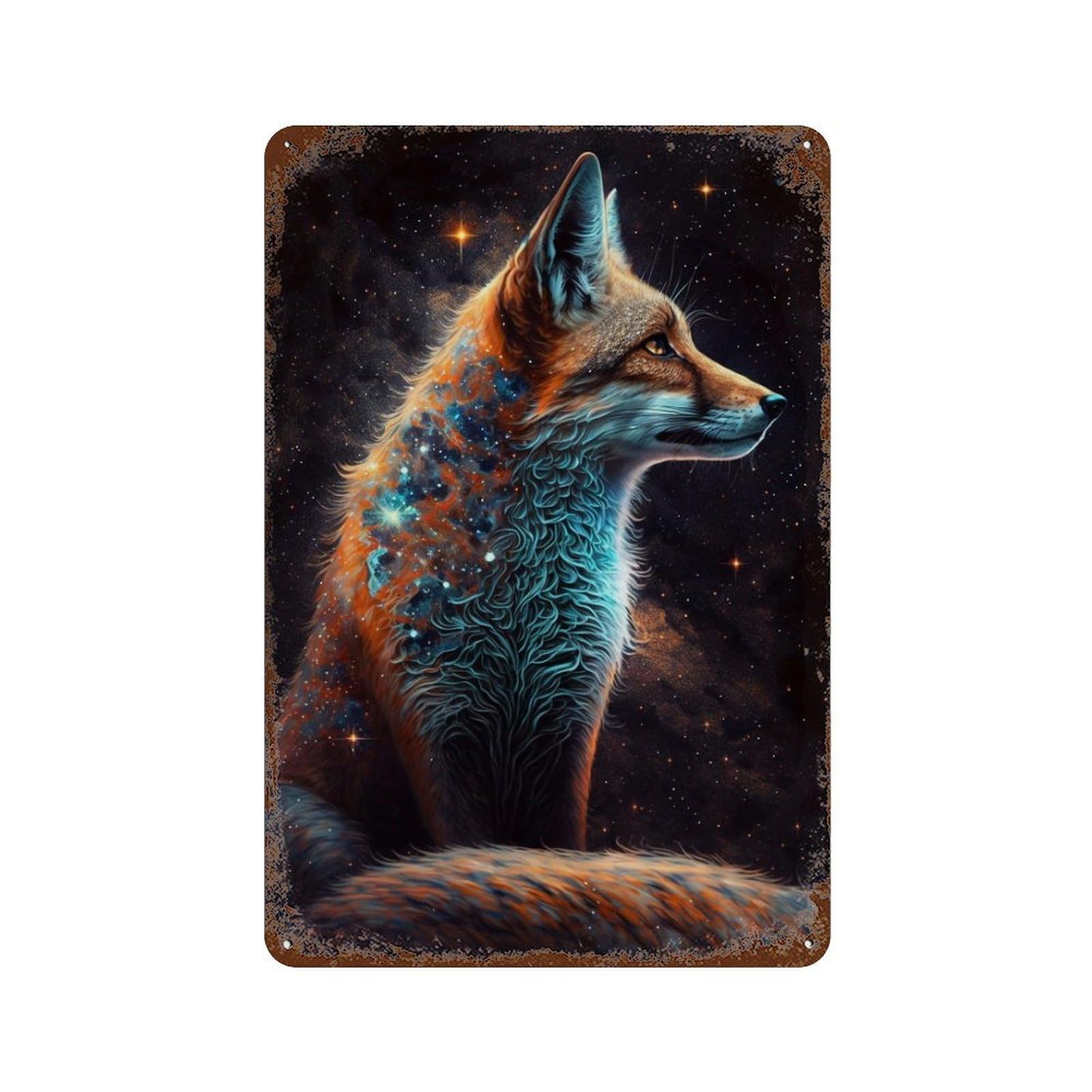 Cosmic Fox Art Print-7 Aged Metal Wall Plaque 11.8"x7.9", for Pub, Kitchen And Man Cave Decor, Decorative Metal Wall Art