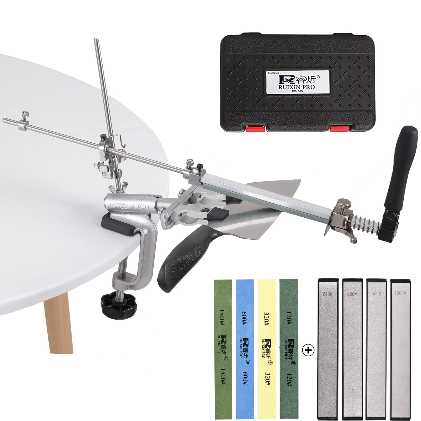 RUIXIN PRO RX-009 Kitchen Knife Sharpener Kit with 8 Whetstones, 360° Rotation Flip Design, Fixed Angle Stainless Steel Professional Chef Knife Sharpening Fine Grinding Polishing System Tool