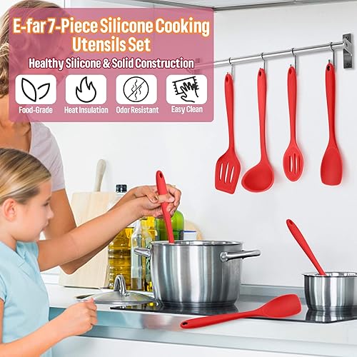 Miniatura 7 de E-far - Juego de utensilios de cocina de silicona, 7 piezas, color rojo, resistentes al calor, herramientas antiadherentes, espátula, cucharón,