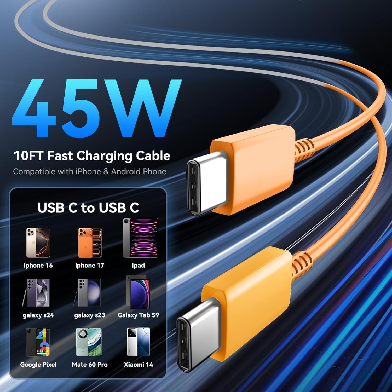 Phone 17 Charger Fast Charging, 45W Dual USB C Charger Block,USB C Wall Chargers with 10FT Long USBC Charging Braide Cable Cord for Phone 17 16 15 Pro Max/Pro/Plus/Air,Pad Pro,S25/S24-cosmic Orange