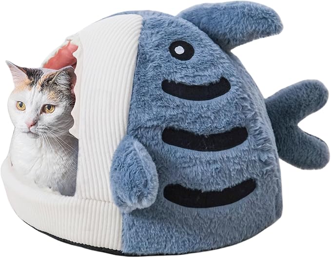 Shark-Shaped cat cave beds for Indoor Cats, Cute cat Teepee, Closed Dog Sleeping Bag, Warm Soft Kitten Houses & Condos, Blue, Large Size.