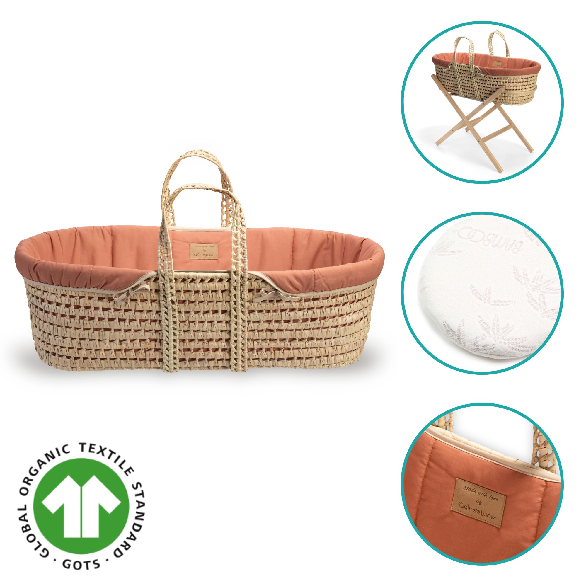 Clair de Lune Couffin en Palmier Bio - Lauréat du Prix d'or - avec Habillage Biologique, Matelas en Bambou Naturel et Drap de couffin Doux de 75 x 28 cm (Orange Rouille)