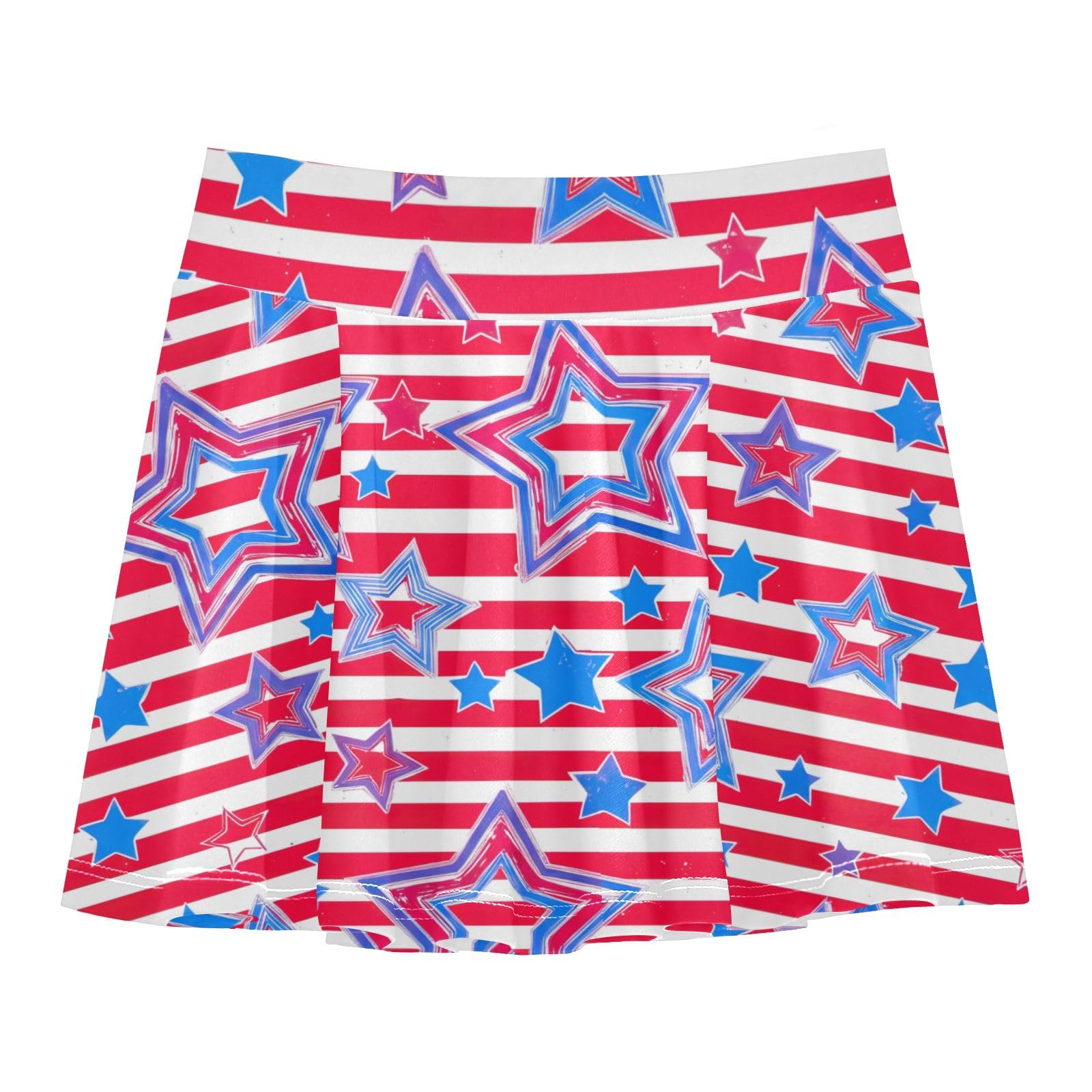 Little Girls High Waisted Athletic Skirts with Shorts Tennis Skirt Skorts for Dance Cheer Red Blue White Stars Stripes Size 11-12