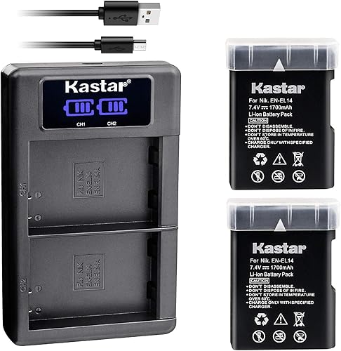 Kastar 2 baterías + cargador dual LCD para Nikon EN-EL14, EN-EL14a, MH-24 y Coolpix P7000 Coolpix P7100 Coolpix P7700 Coolpix P7800, Nikon D3100