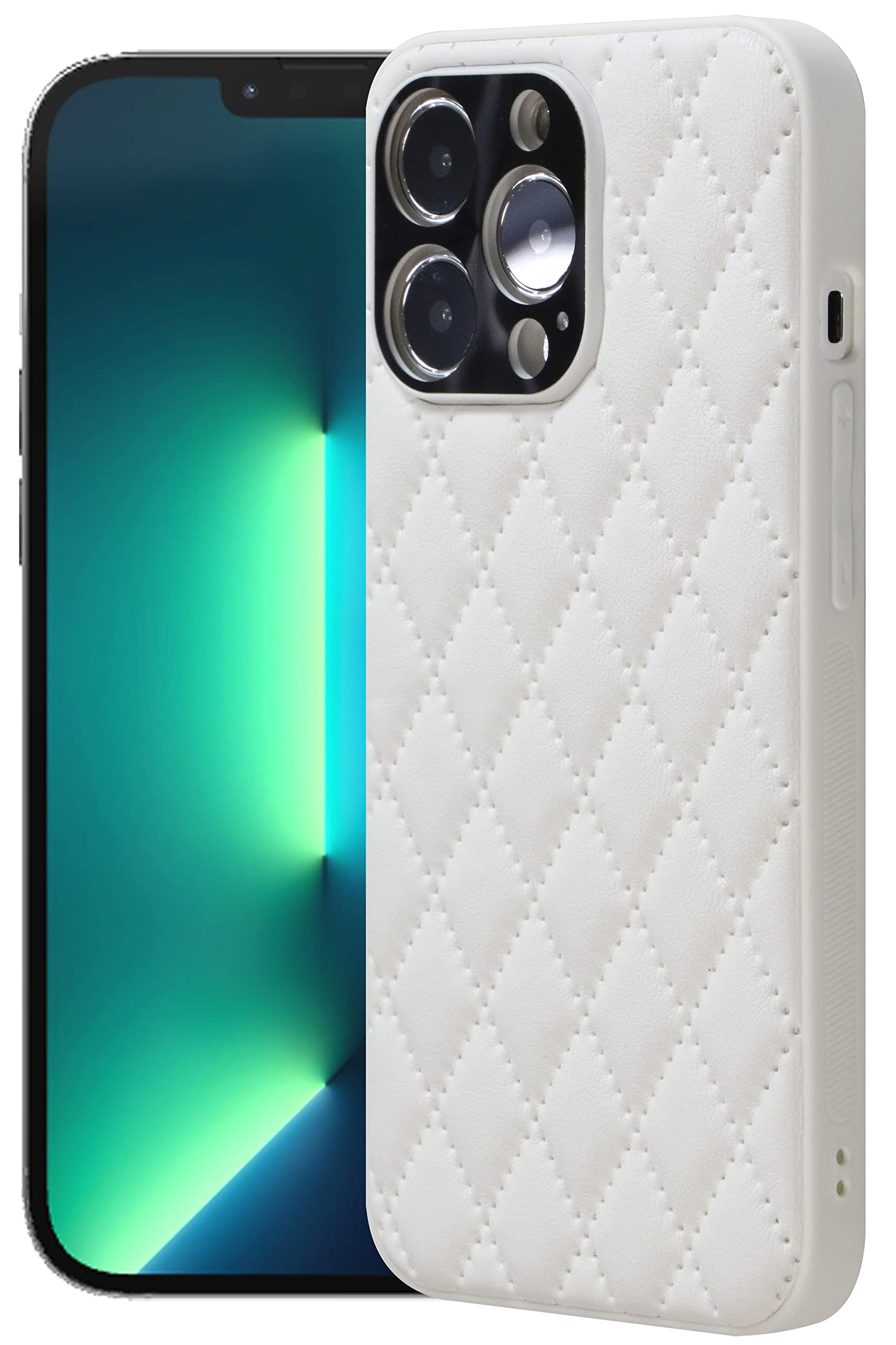 IvachellCompatible with iPhone 13 Pro Max case Luxury Cute Women Soft PU Leather Cases for Girls Girly Rhombus Grid Pattern 13promax 5g Bumper Cover 6.7 inch (White)