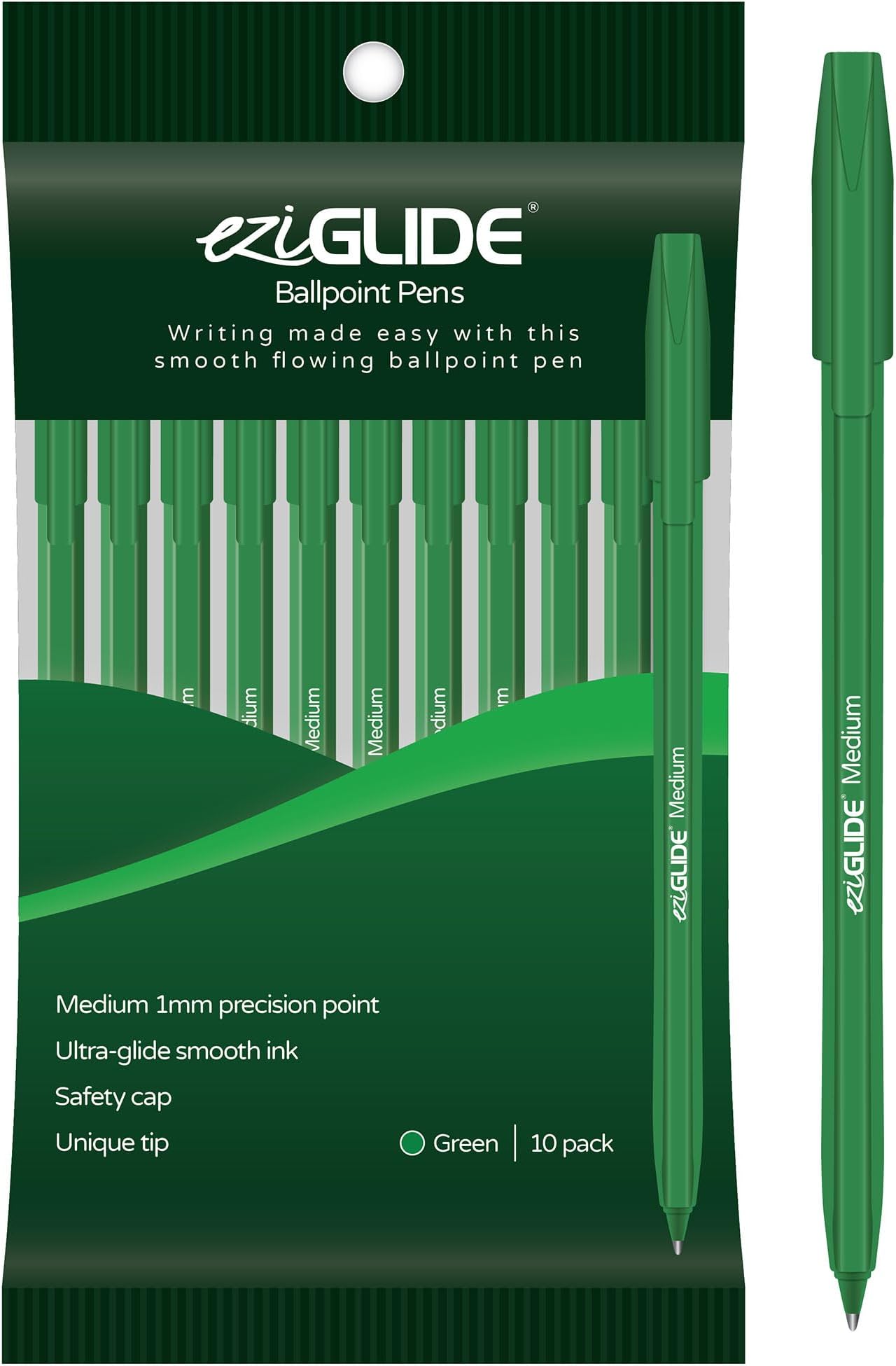 Eziglide Ballpoint Green Pen, Pack of 10 Ballpoint Pens, Smooth Writing