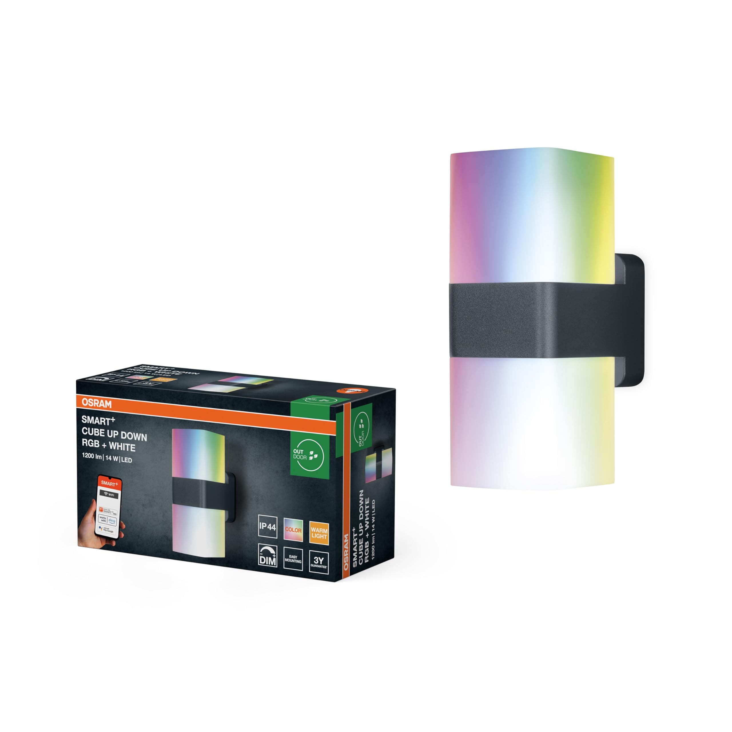 OSRAM SMART+ WiFi Cubo Su/Giù Applique LED Grigio scuro, 14W, 950lm, RGB+W 3000K, WiFi, Alexa, IP44 Esterno