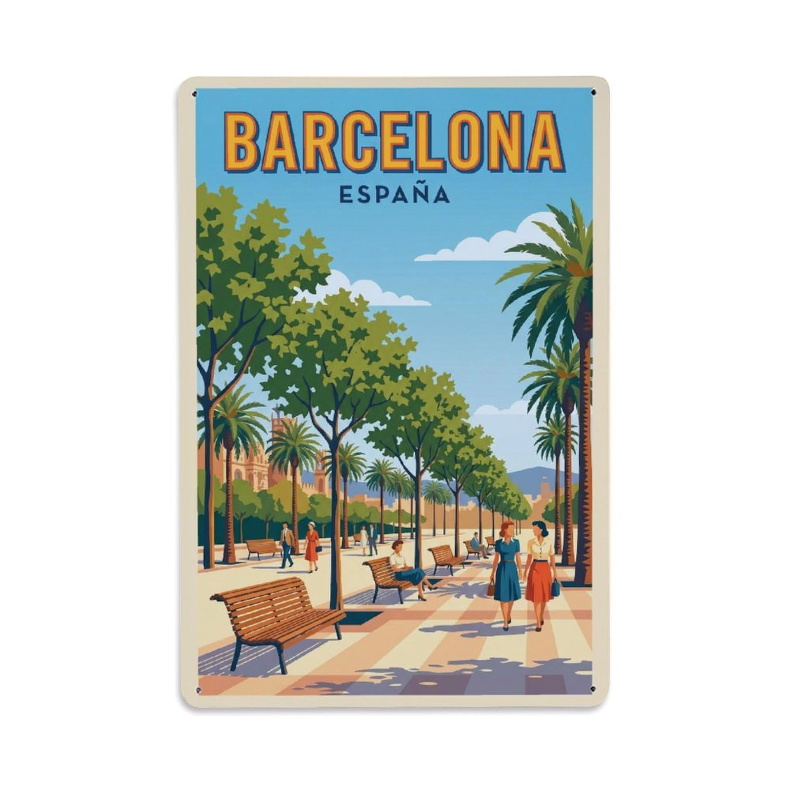 Vintage Travel Esplanade Spain Tree-lined Metal Tin Sign