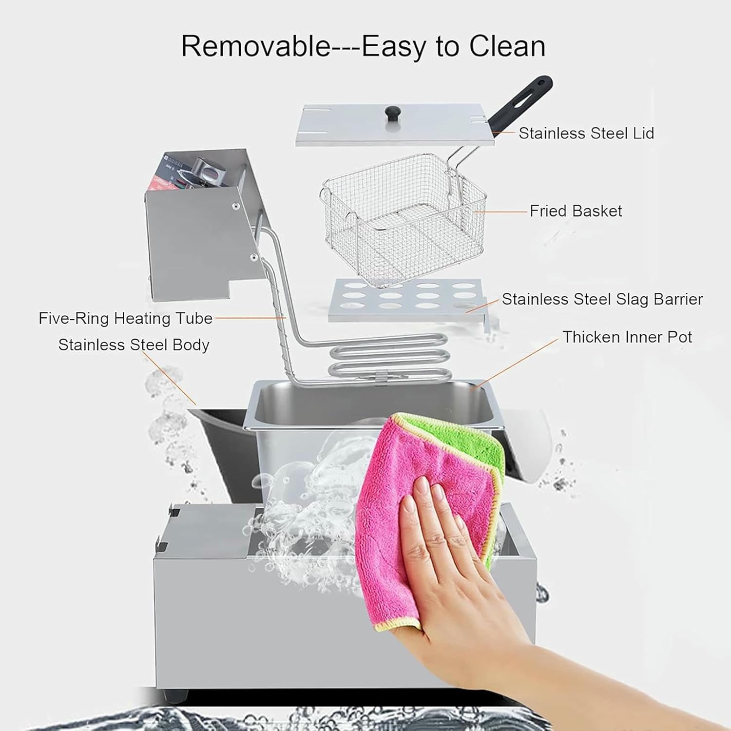 10L Deep Fryer 2500W Fat Fryer Commercial Stainless Steel Electric Fryer with Frying Basket, for Cooking Food and French Fries-