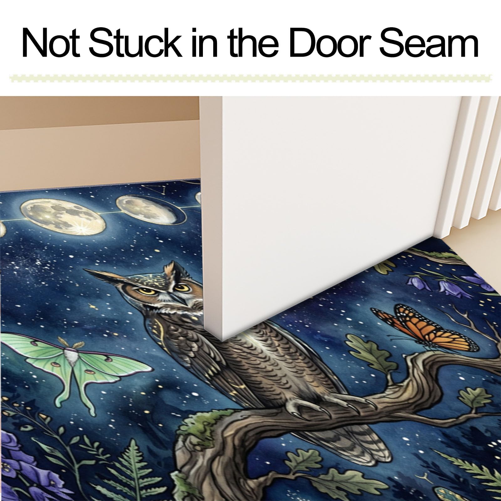 60X90Cm Zerbino Ingresso Interno Antiscivolo Assorbente, Tappeto Microfibra Sottile Lavabile Con Fasi Lunari Misteriose Cielo Stellato Gufo Foresta Incantata Per Cucina Bagno Porta Animali, Blu Navy