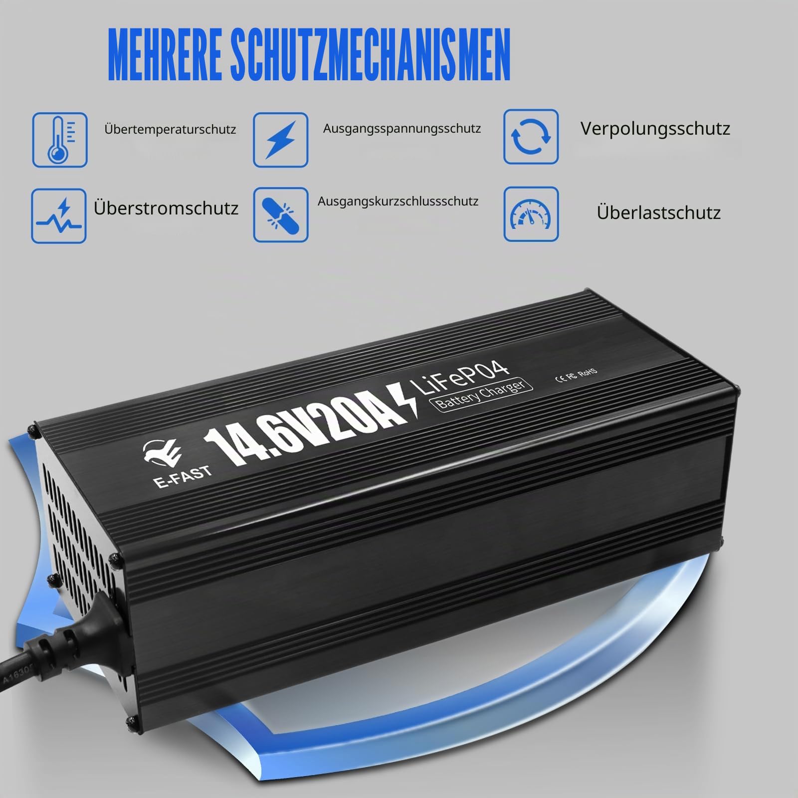 LiFePO4 Batterieladegerät 14,6V 20A Ladegerät 12V für Lithium Batterie Schnelles Aufladen für Wiederaufladbare Lithium-LiFePO4-Deep-Cycle-Batterien von Booten, Wohnmobilen