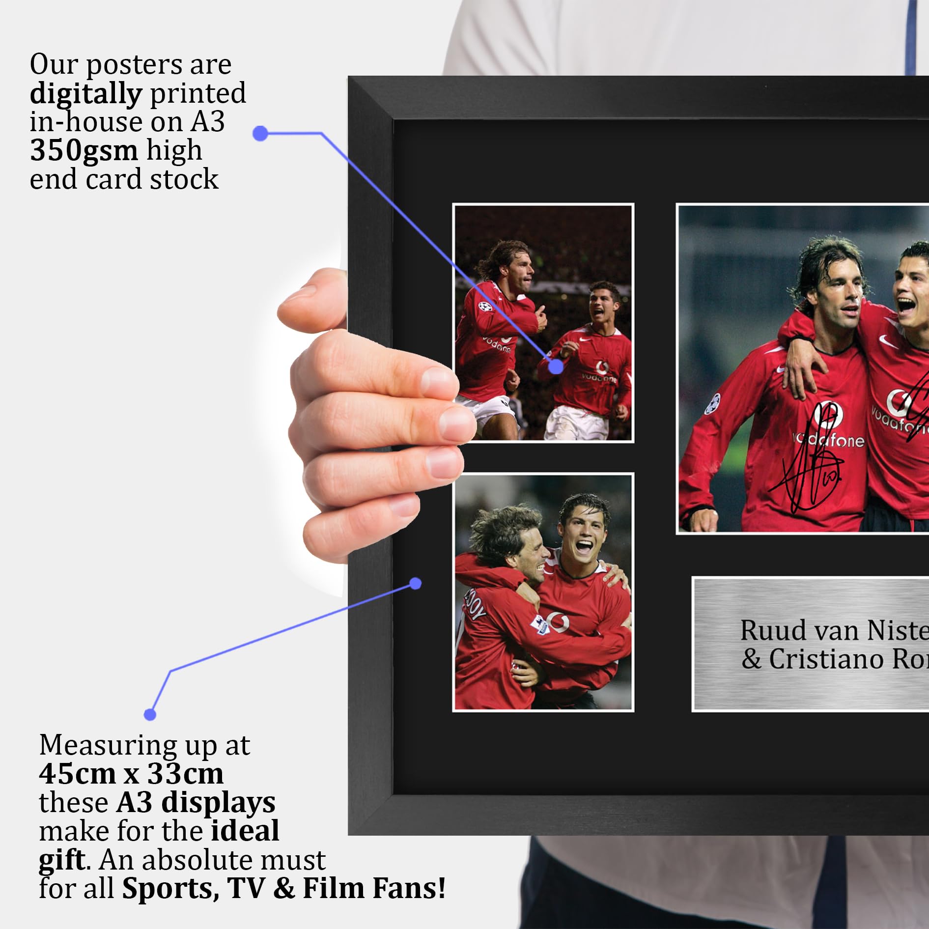 HWC Trading FR A3 Cristiano Ronaldo & Ruud van Nistelrooy Gedruckte Memorabilien Signiertes Autogramm Fotodisplay für Fußball Anhänger und Fans - A3 Gerahmt
