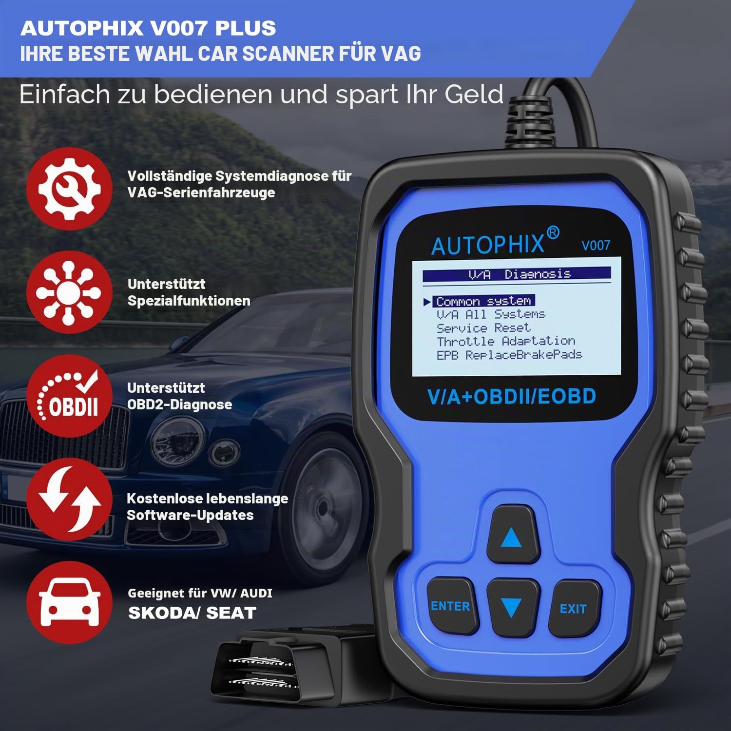 AUTOPHIX V007 OBD2 Scanner Kompatibel mit VAG mit Motor ABS Airbag Getriebe löschen Fehlercodeleser Drosselklappenanpassung TP-Positionsprüfung Ölbremsbelag-Rückstellung Auto Diagnose Scan Tool