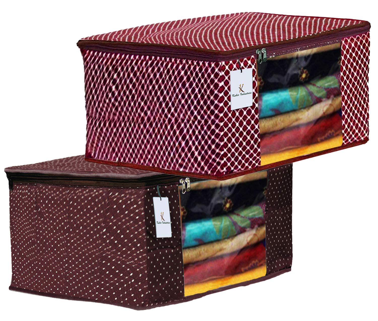 Kuber Industries Polka Dots 2 Pieces Cotton 3 Layered Quilted Saree Cover (Brown & Maroon) - CTKTC031097