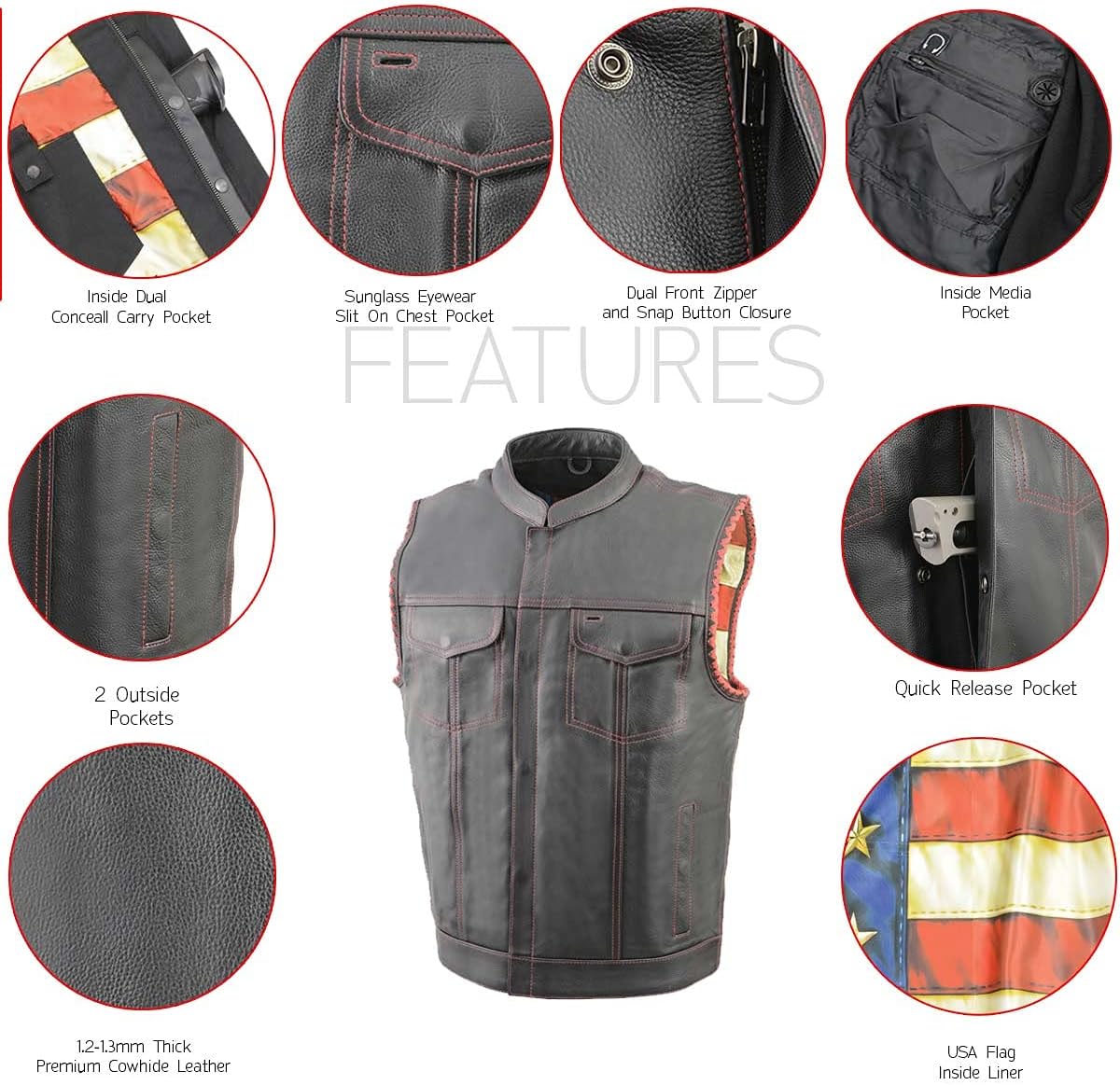 Milwaukee Leather MLM3506 Men's Black Premium Leather Vest - Old Glory Laced Armholes Red Stitching Club Style Vest - Image 7