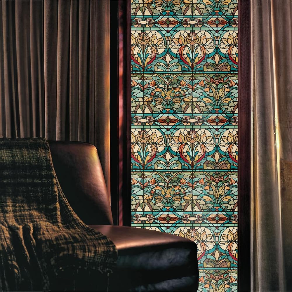 16“x118 Boho Vintage Abstract Ethnic Double Side Window Films Art Decorative Privacy Tinting Film Self-Adhesive Static Glass Window Clings Stickers for Living Room Bathroom Glass Decor