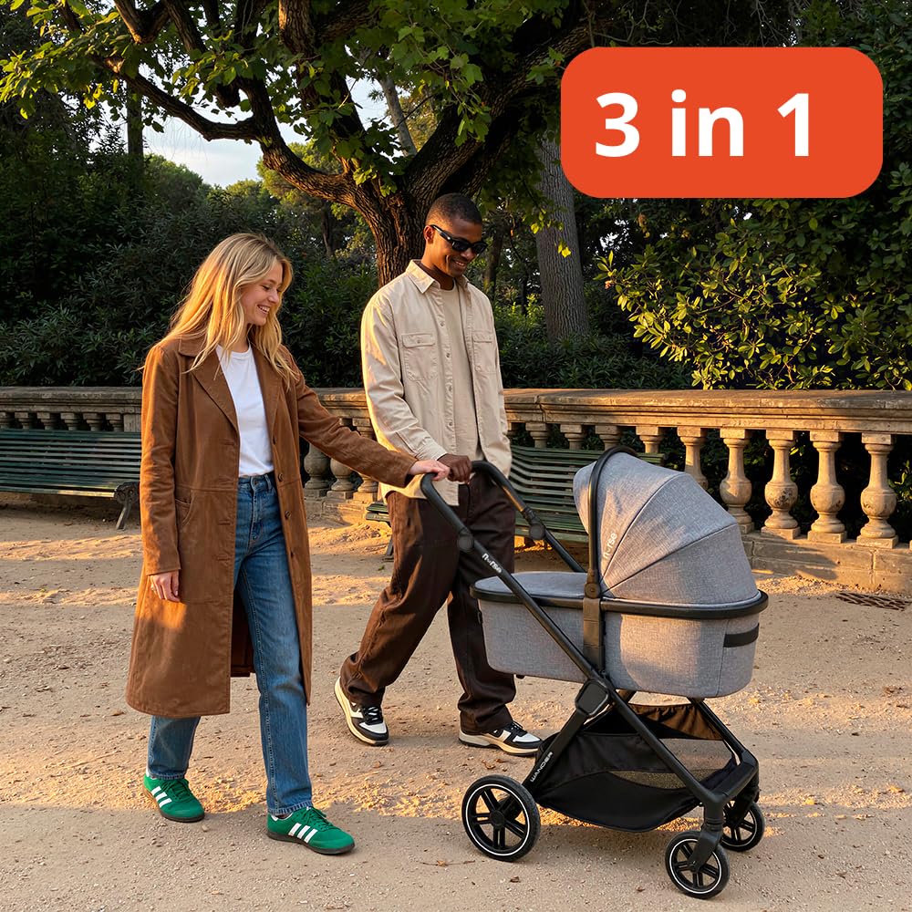 Nurse Wander Trio Carrito de Bebé 3 en 1, Capazo, Silla de Paseo y Silla de Coche i-Size, Plegado Compacto, con Accesorios, Gris