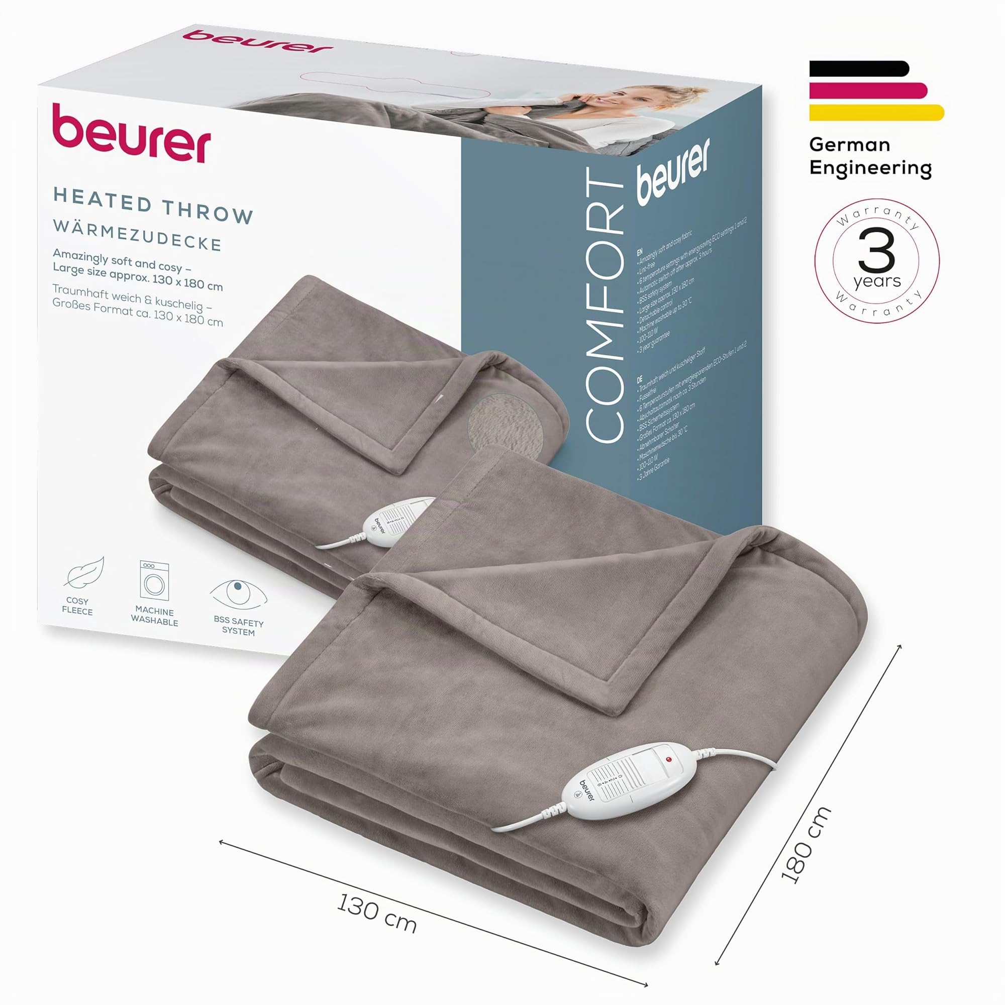 Beurer HD 75 Cozy Couverture chauffante, couverture électrique confortable en apparence de fourrure, 6 réglages de température, lavable en machine, avec arrêt automatique, taupe