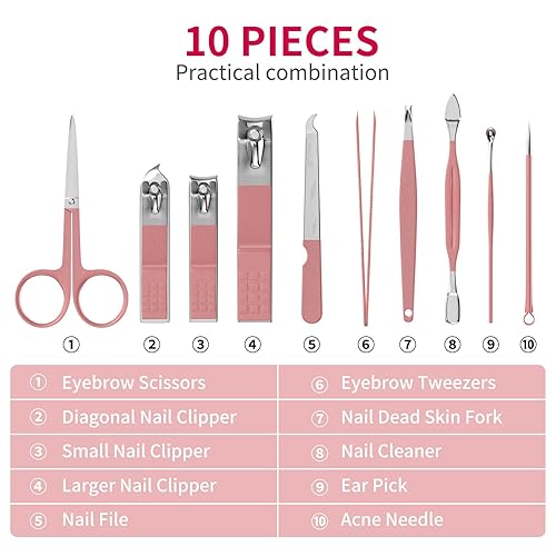 Miniatura 7 de ZIZZON Juego de manicura de viaje mini cortaúñas 10 en 1 acero inoxidable Pedicura cuidado kit de aseo con estuche rosa