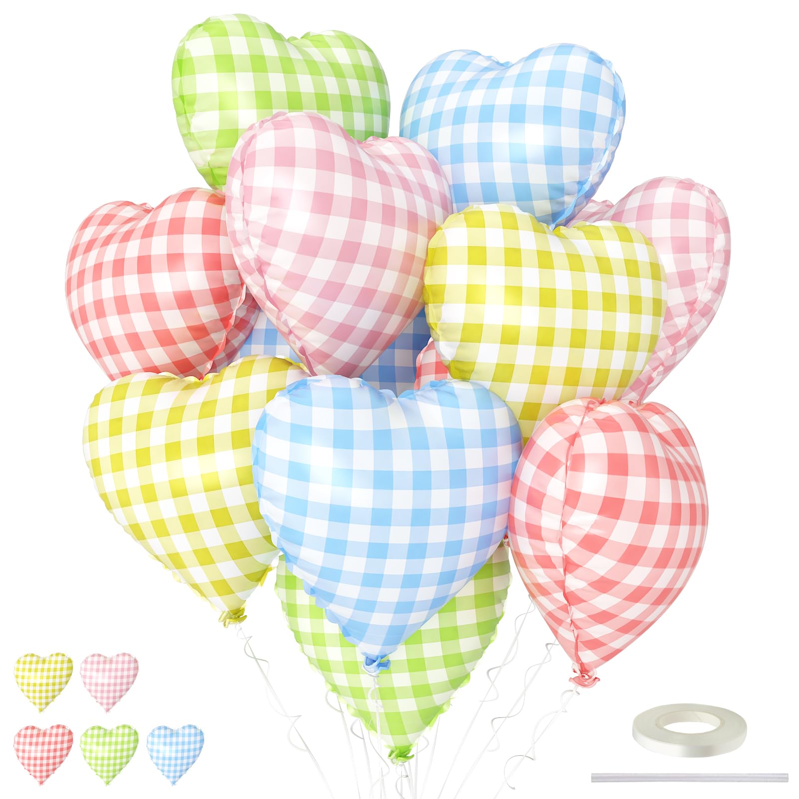 Pastel Checkered Heart Balloons, 18Inch Light Pink Blue Yellow Green Red Rainbow Plaid Heart Shape Foil Balloon, 10Pcs Colorful Grid Helium Balloon for Birthday Retro Y2K Easter Goose Theme Party โ image 1