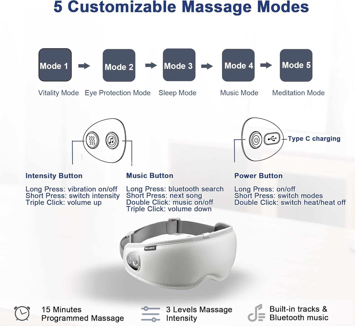 Eye Massager with Heat, 5 Massage Modes, Bluetooth Music, Soft Lightweight Foldable & Portable, IP65 Waterproof Sleep Mask, Gifts for Eye Care Strain Relief and Relaxation