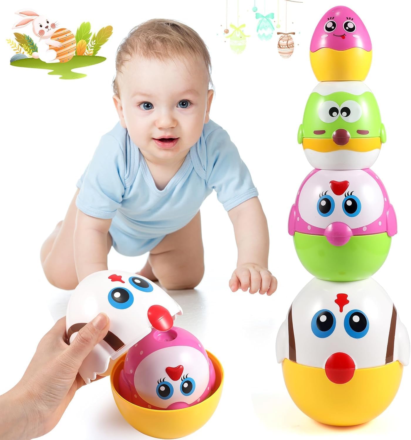 OKKIDY Easter Egg Toys for Toddlers - 8 Pcs Nesting & Stacking Chicks, Fillable Plastic Eggs, Educational Easter Gift for 18M, 2, 3, 4+ Yr Old Boys & Girls, Perfect for Easter Hunt & Party Favors
