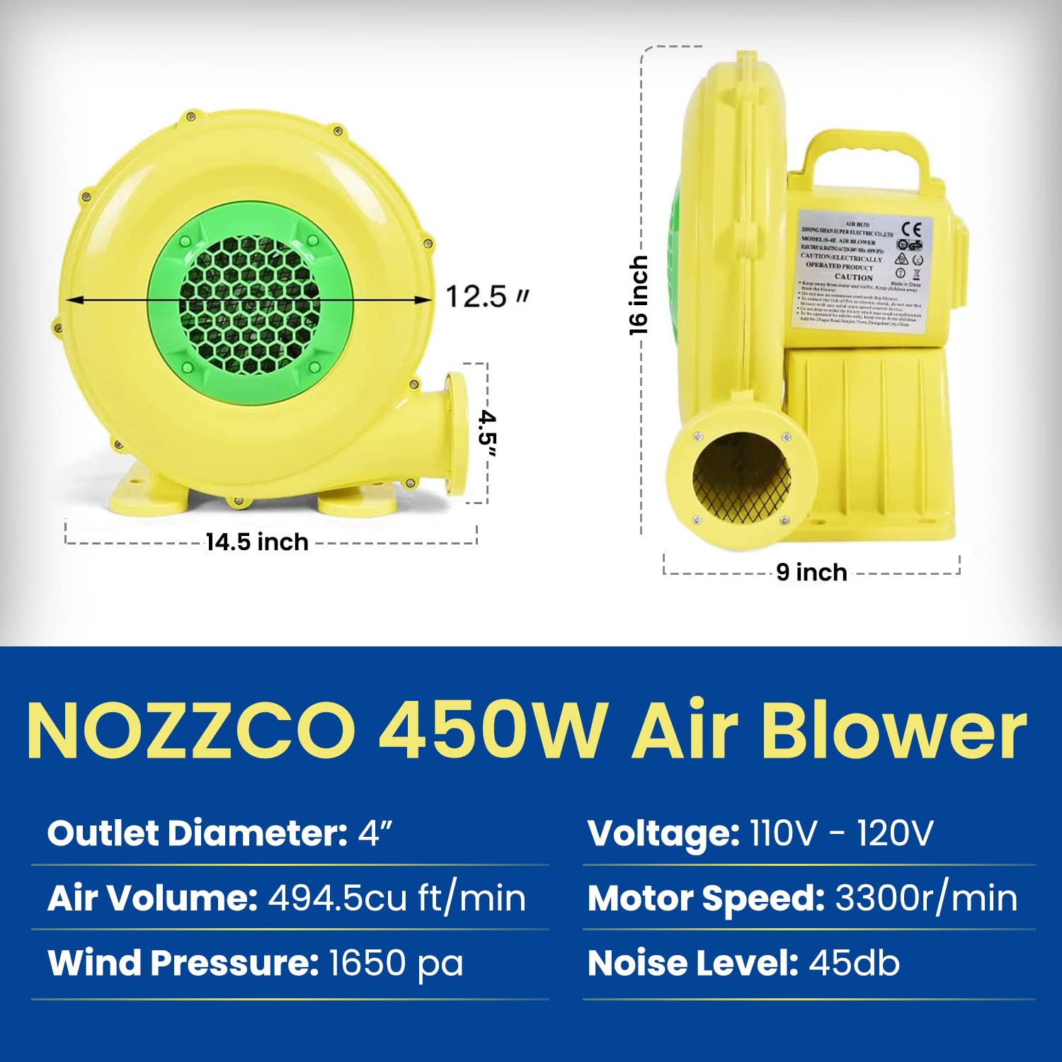 NOZZCO Air Blower for Inflatables Bounce House Air Blower for Inflatable Castle, Jump Slides, Air Sofa, Paint Booth, Portable and Powerful Inflatable Blower Fan Pump