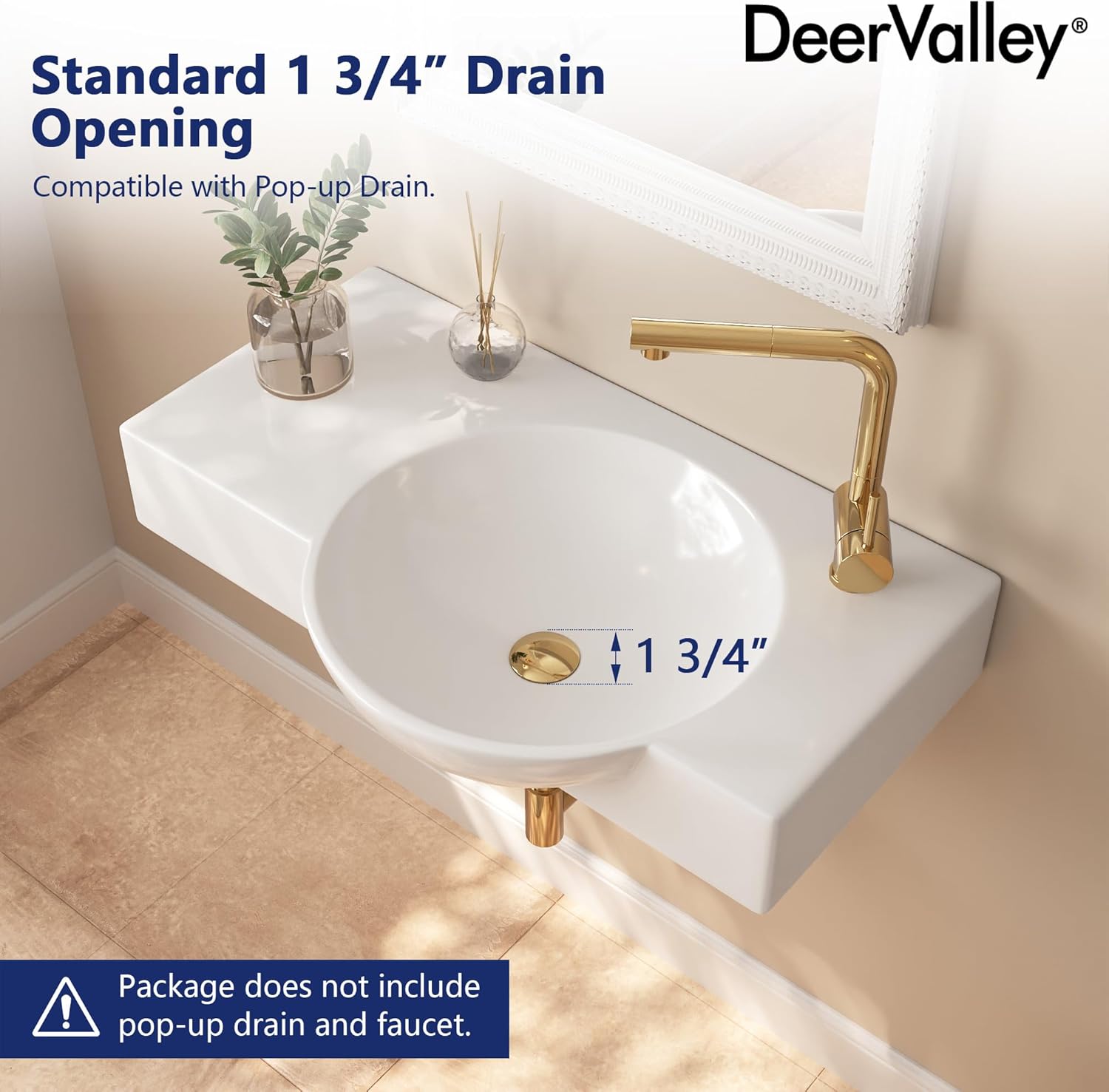 DeerValley 30x18 Inch Wall Mounted Bathroom Sink, White Ceramic Vessel Sink with Right Side Faucet Mount, DV-1WS0125