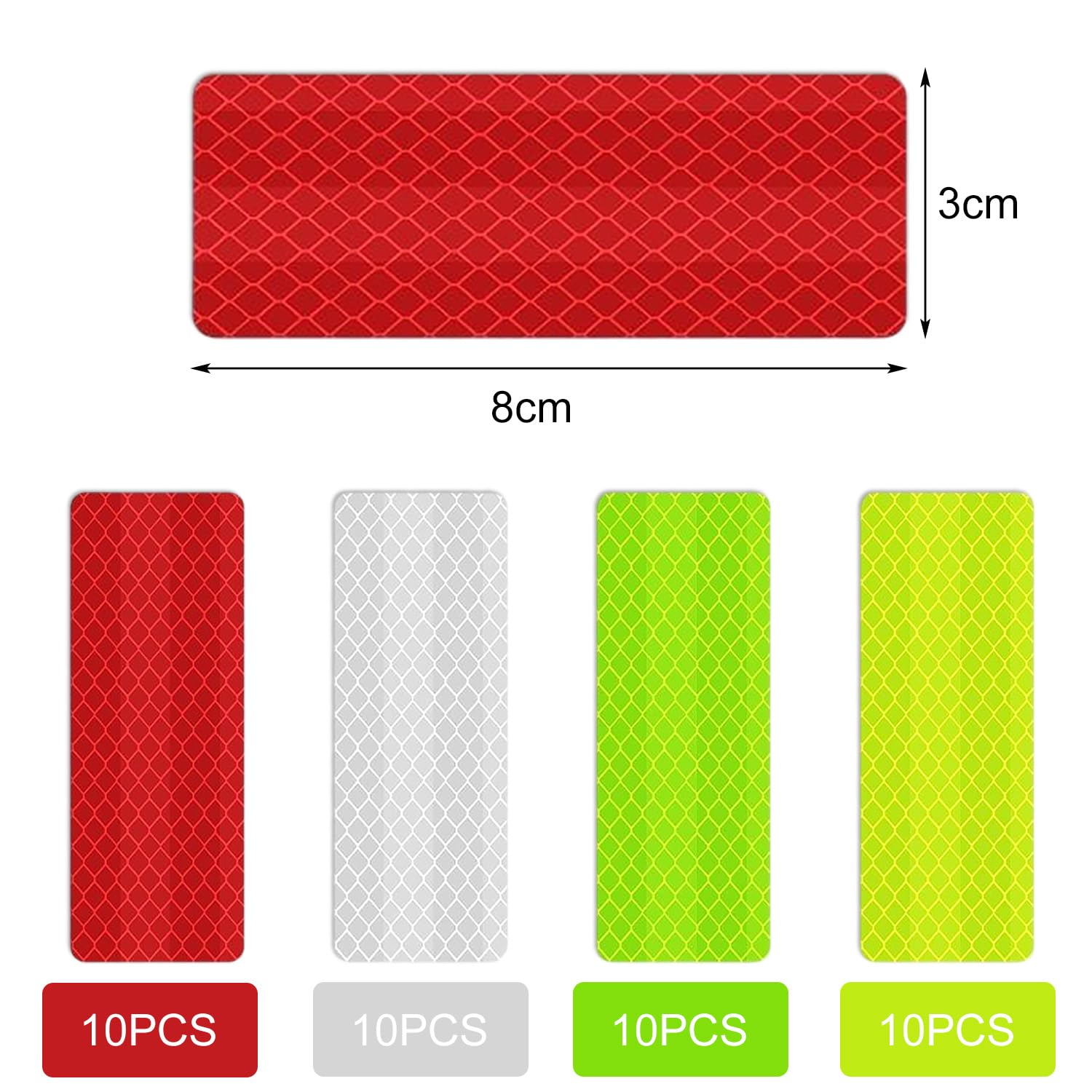 40 adesivi riflettenti impermeabili per la sicurezza esterna per veicoli, biciclette, moto, 3 x 8 cm