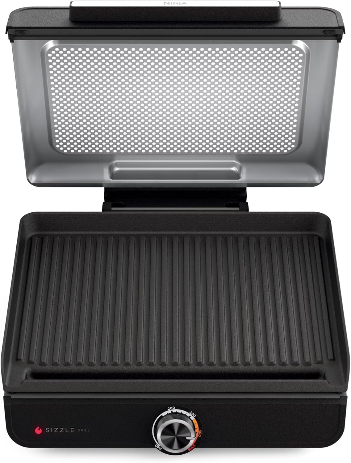 Sizzle GR100 Smokeless Indoor Grill, 500°F High Heat Kitchen Grill with Nonstick 14-Inch Plate, Low-Smoke Technology, Edge-to-Edge Heating, Family-Sized Capacity, Countertop Cooking Tool.