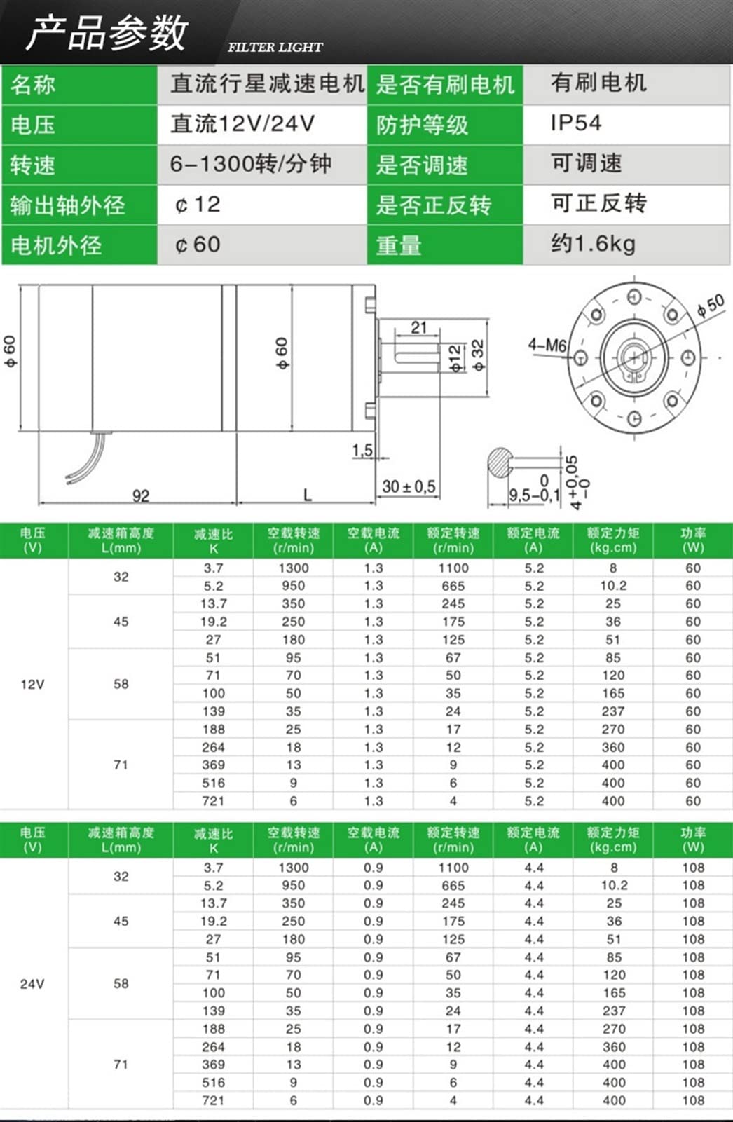 6 0pg60s Diámetro del eje de baja velocidad alta potencia 12mm DC 12V 24V Motor engranajes planetarios cepillados,Bajo Juego(1300rpm,24V)