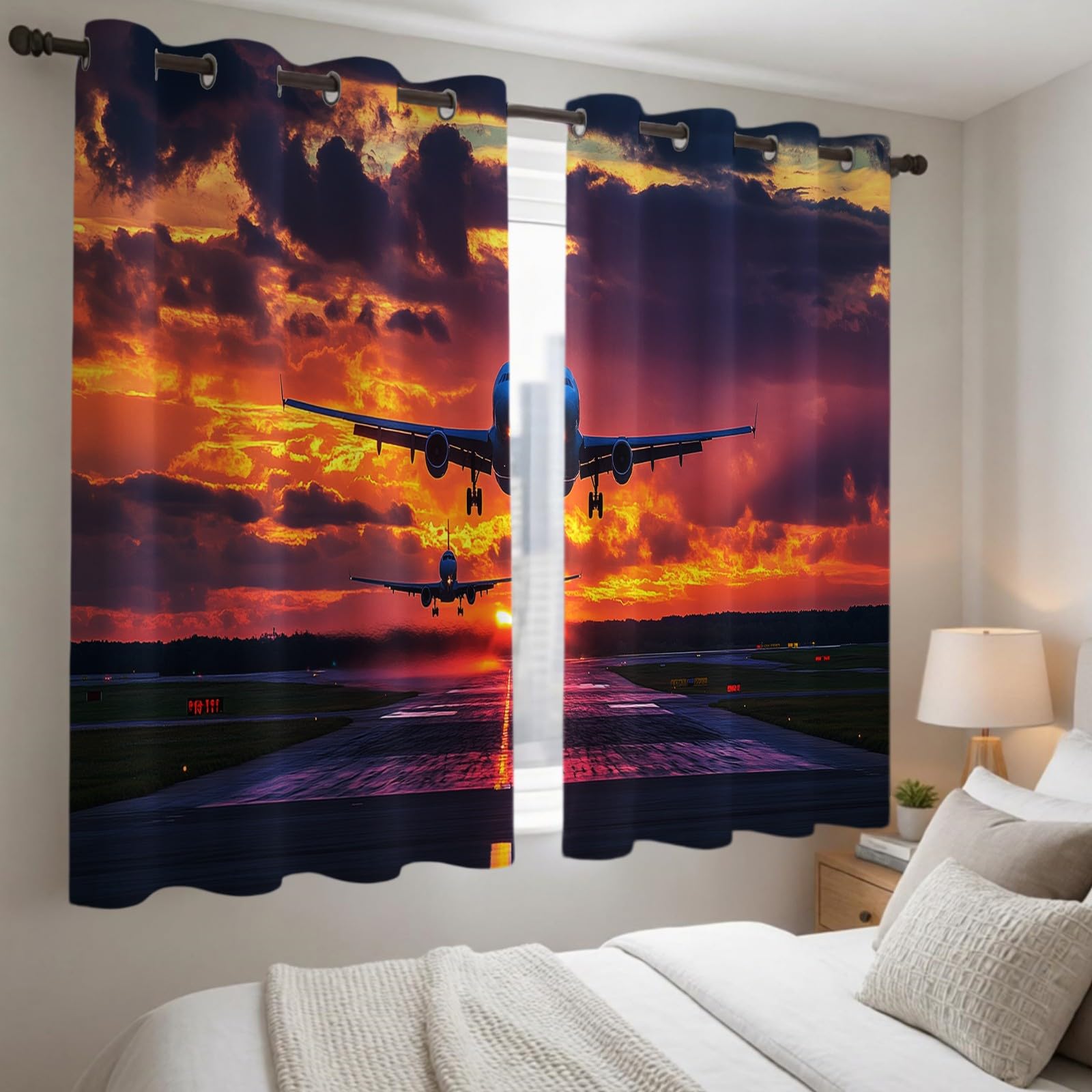 Rideaux Occultants Thermiques Lot de 2, Piste d'avion Avion de passagers 132L X 210H cm Isolation Contre la Chaleur, pour Chambre et Salon