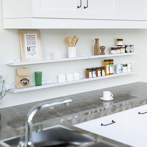 Miniatura 4 de RICHER HOUSE Juego de 8 estantes flotantes montados en la pared, estantes colgantes para libros con borde para almacenamiento, estante blanco para