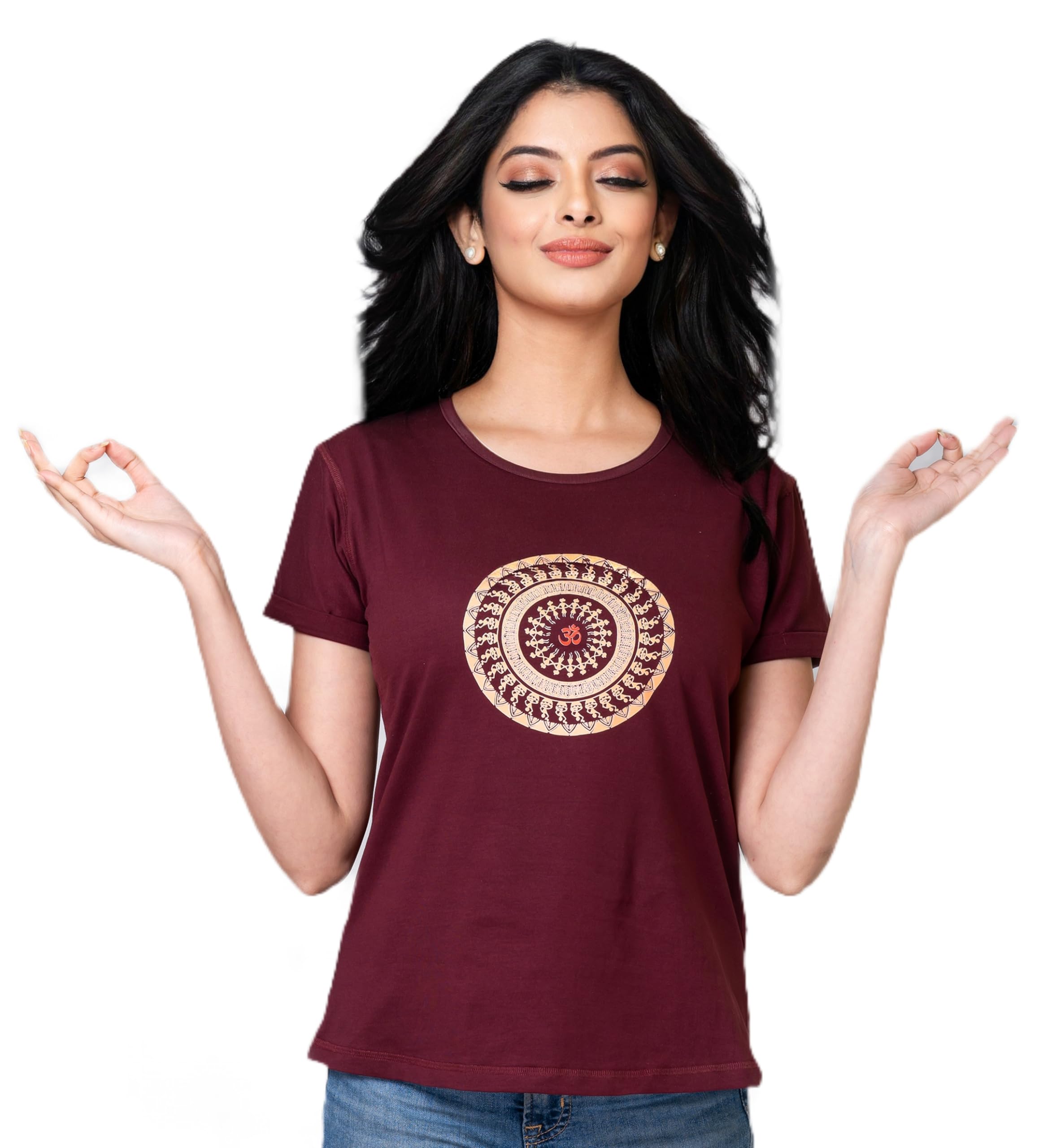 Indo Era Women Casual Tshirt, Supercombed Biowashed 100% Cotton Slimfit Tshirt (Slim Fit Regular Length Graphic Printed OM in Warli Mandala) in multi