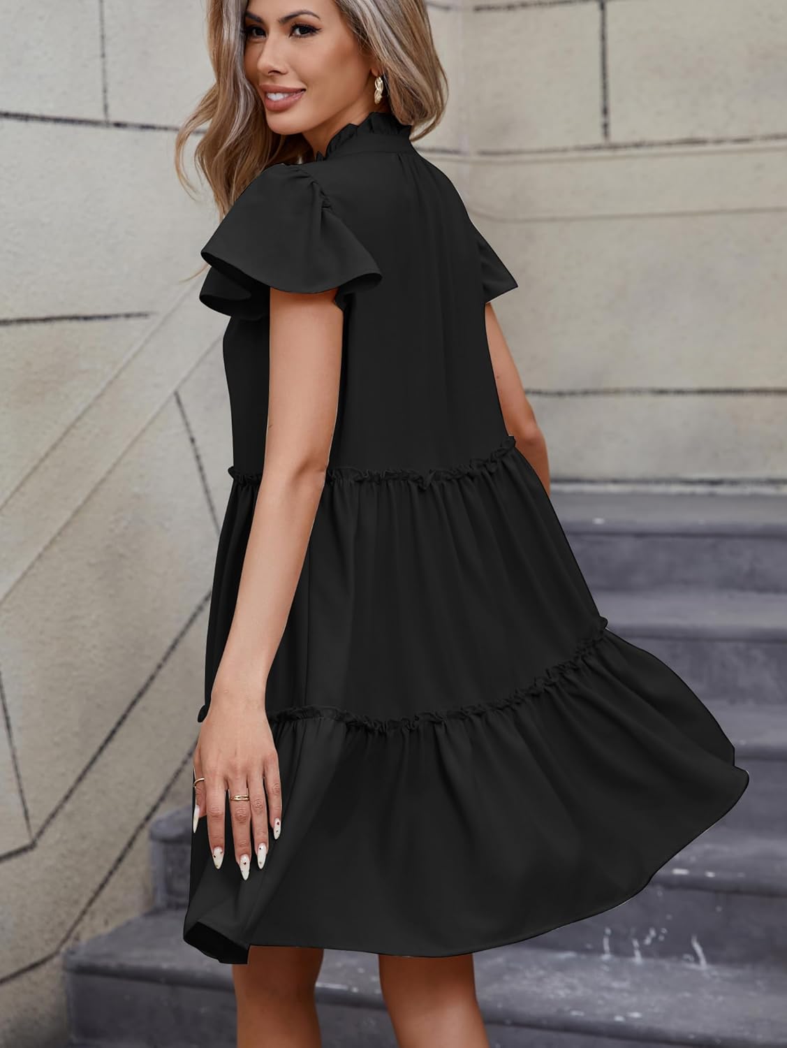 Famulily Summer Dress for Women Ruffle Cap Sleeve Pleated V Neck Dress Tiered Swing A Line Babydoll Mini Dress - Image 4