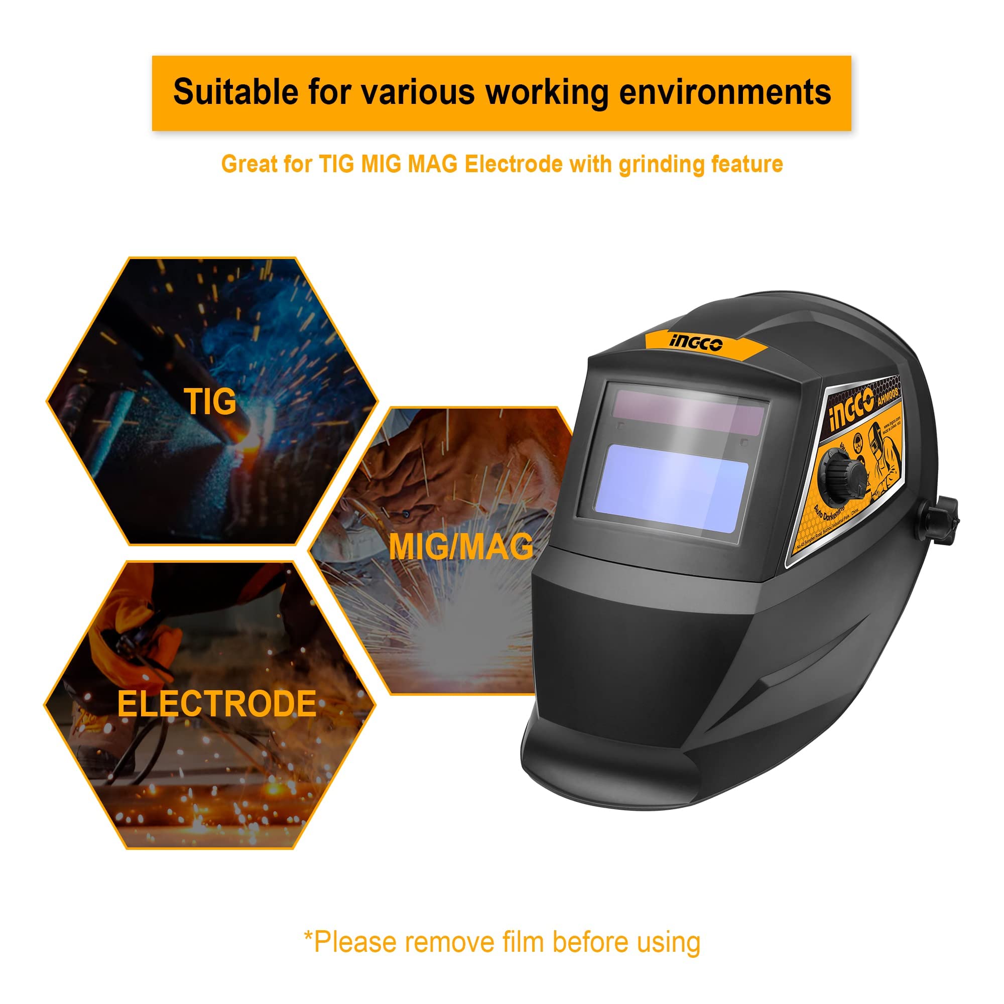 Ingco Auto-Darkening Welding Helmet, 92×42mm Large Viewing Welding Hood, 1/1/1/2 Light State:DIN 4, Battery Powered, 2 Arc Sensor Wide Adjustable Shade Welder Mask for TIG MIG/MAG MMA Plasma - Image 3 thumbnail