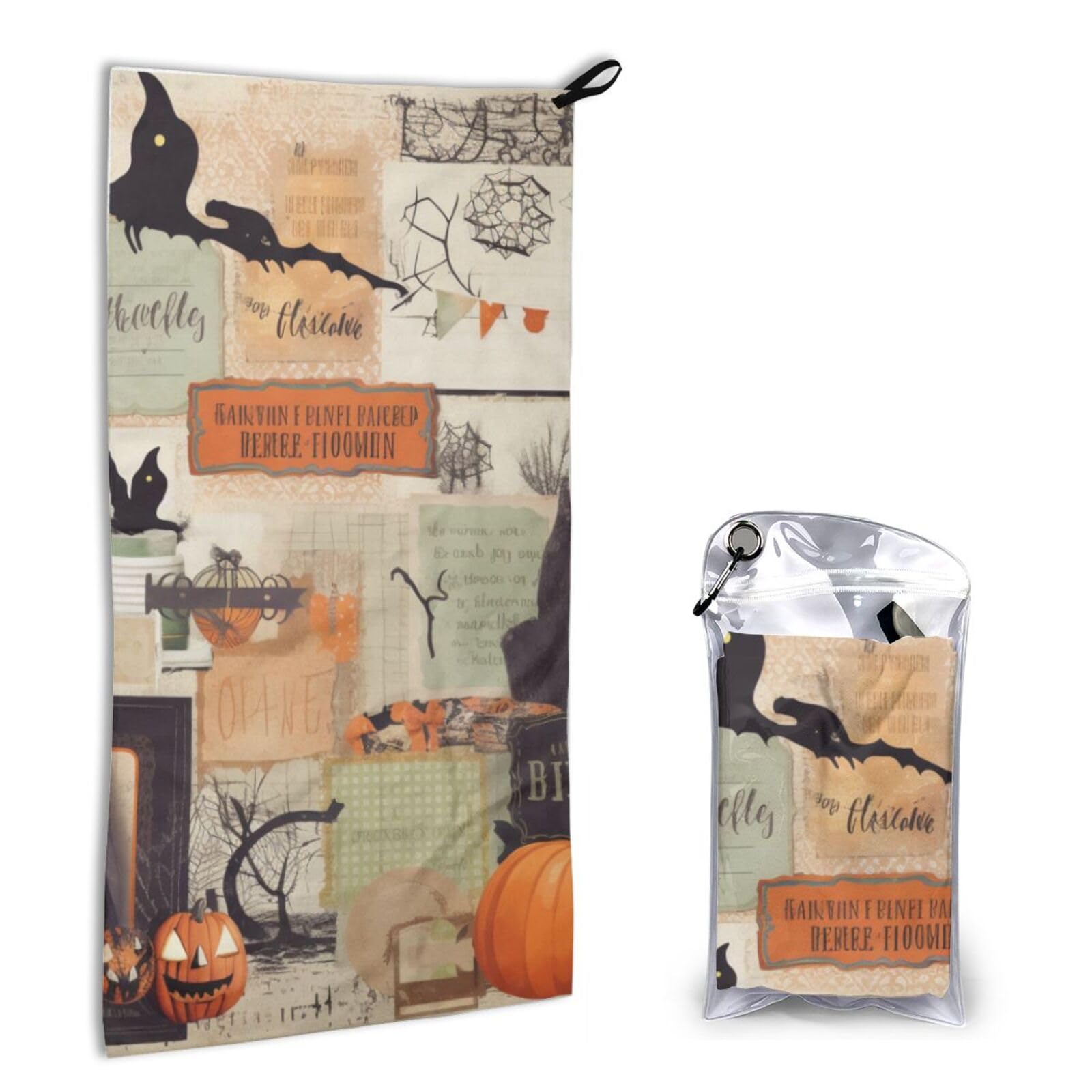 BWWHCCTI Quick Dry Hand Towel With Bag - Halloween Scrapbook Printed Super Absorbent Face Cloth Microfiber Travel Sports Towels 40x80cm