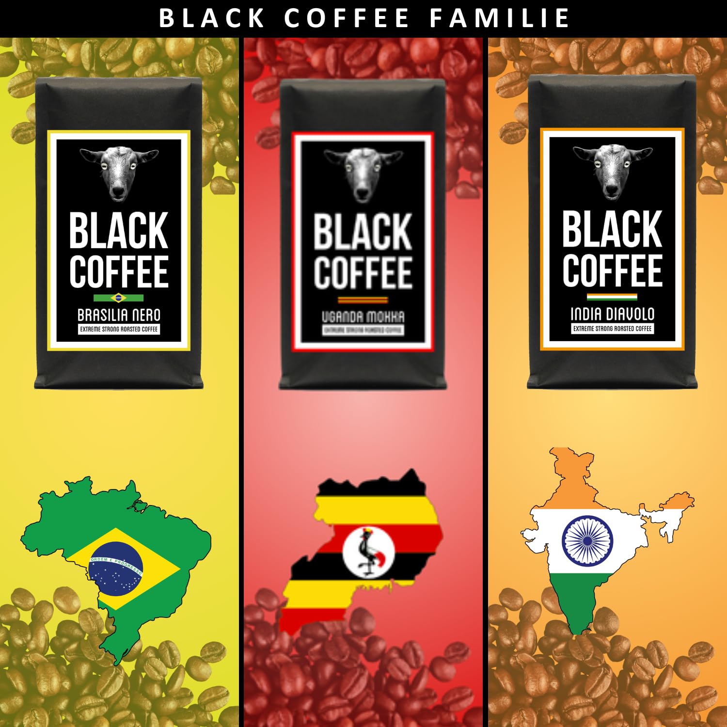 Black Coffee - Kaffeebohnen Probierset - 3x 400g - ganze Bohnen - sortenreiner Röstkaffee - Starker Kaffee - sehr dunkle Trommelröstung in Minichargen - Hoher Koffeingehalt